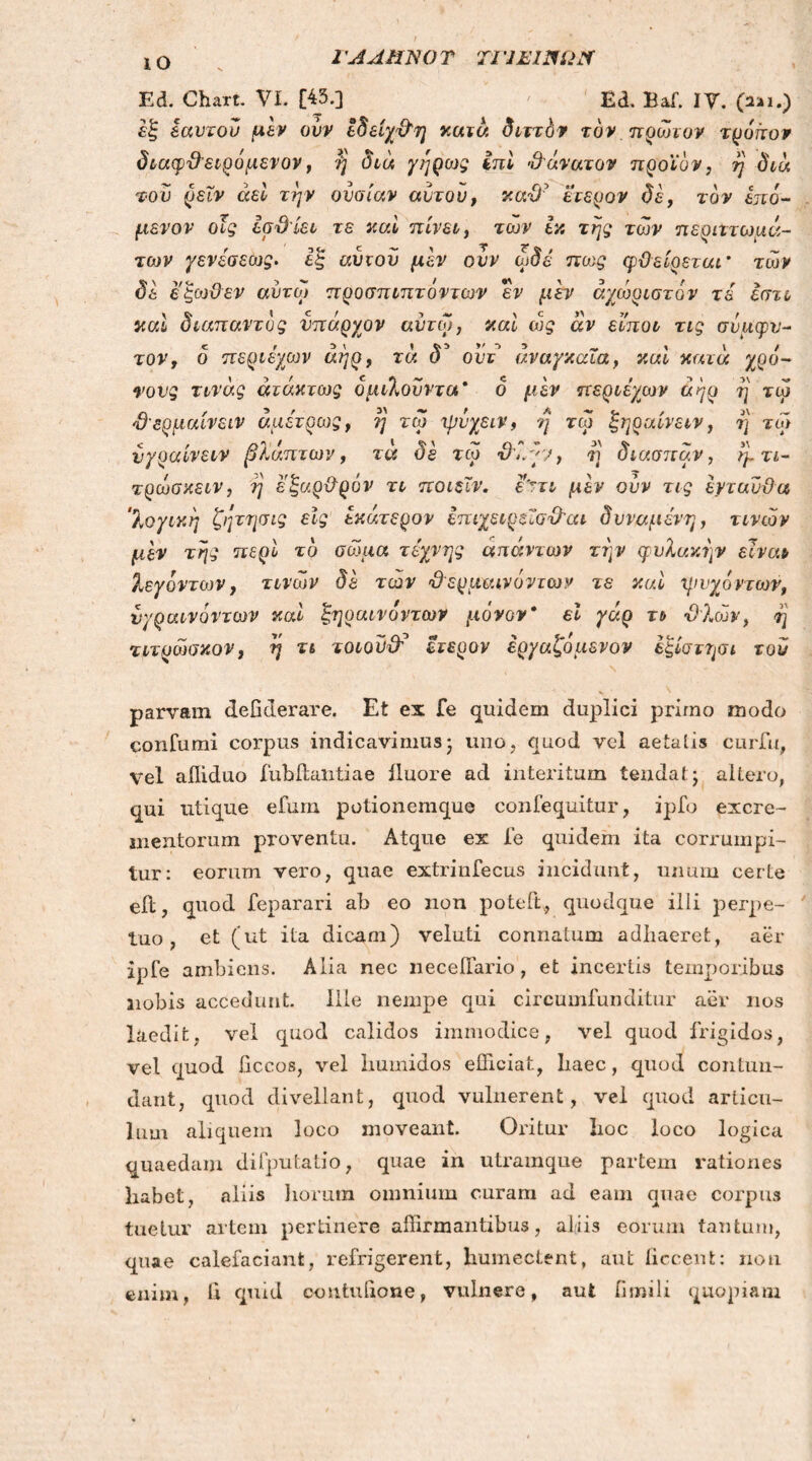 ΙΟ I ΆΑίΏΗ) Τ ΤΙ ΊΕ1ΝΩΝ Ed. Chart. VI. [43.] Ea. Baf. IV. (aai.) εξ εαυτόν μεν ούν εδείχΌ'η κατά διττόν τον πρώτον τρόπον διαφ&ειρόμενον, η διά γήρως ini θάνατον προϊόν, η διά του ρεϊν όζει την ουσίαν ai/τον, καϋ? έτερον δε, τον επό- μενον οις εσϋ'ίει τε και πίνει, των εκ της των περιττωμά- των γενέσεως. εξ αύνοϋ μεν ονν ωδέ πως φθείρεται· των δε έξωθεν αυτω προσπιπτόντων εν μεν αχώριστον τε εστι και διαπαντός ύπαρχον αυτω, και ώς άν ειποι τις σύμφυ- τον, ο περιέχων άηρ, τά δ* ουτ αναγκαία, και κατά χρό- νους τινάς άτάκτως όμιΚουντα* ο μεν περιέχων άηρ η τω ϋερμαίνειν άμέτρως, η τω ψυχειν, η τω ξηραίνειν, η τω νγραίνειν βλάπτων, τά δε τω Όώ.γν, η διασπάν, η. τι- τρώσκειν, η έξαρθρόν τι ποιεϊν. εντι μεν ούν τις ενταύθα ‘7*ογικη ζητησις εις εκάτερον επιχετρεΐσθ’αι δυναμένη, τινών μεν της περί τό) σώμα τέχνης απάντων την φυλακήν είνατ λεγόντοjv, τινών δε των θερμαινόντων τε καί ψυχόντων, υγραινόντων καί ξηραινοντων μόνον* ei γάρ τι θλών, η τιτρώσκον, η τι τοιουθ^ ετερον εργαζόμενον εξίστησι του parvam deffilerare. Et ex Te quidem duplici prirno modo confumi corpus indicavimus; uno, quod vcd aetatis cuiTu, vel ailiduo fubftantiae iluore ad interitum tendat; altero, qui utique efum potionemque confequitur, ipfo excre- mentorum proventu. Atque ex fe quidem ita corrumpi- tur: eorum vero, quae extrinfecus incidunt, unum certe eil, quod feparari ab eo non poteft, quodque ilii perpe- tuo, et (ut ita dicam) veluti connatum adhaeret, aer ipfe ambiens. Alia nec liecellario, et incertis temporibus nobis accedunt. Ille nempe qui circumfunditur aer nos laedit, vel quod calidos immodice, vel quod frigidos, vel quod Gccos, vel Immidos efficiat, liaec, quod contun- dant, quod divellant, quod vulnerent, vel quod articu- lum aliquem loco moveant. Oritur lioc loco logica quaedam difputalio, quae in utramque partem rationes habet, aliis horum omnium curam ad eam quae corpus tuetur artem pertinere affirmantibus, aliis eorum tantam, quae calefaciant, refrigerent, humeclent, aut liccenfc: non enim, li quid contuiione, vulnere, aut fimili quopiam