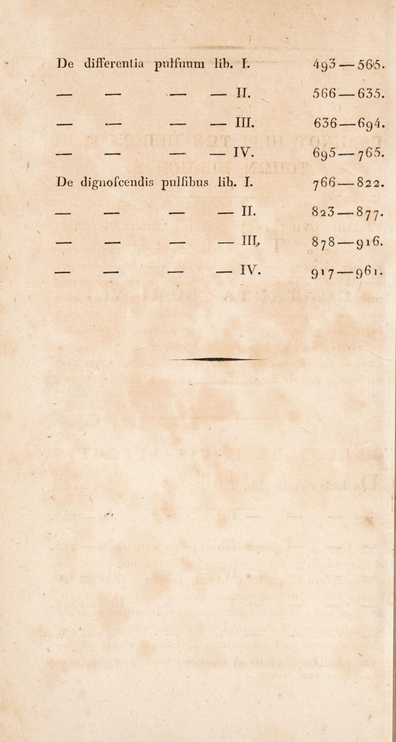 De differeniia pnlfmmi lib. I. 493- — 5&5. — * N 566 — 635. ■— — — — III. 636 — 694. — _ — — IV. 695-— 765. De dignofcendis pvdfibus lib. I. 766 — 822. — 1 ' 823- -877. 1 _ — — III, 878 — 916. — 9'7 — 96'·