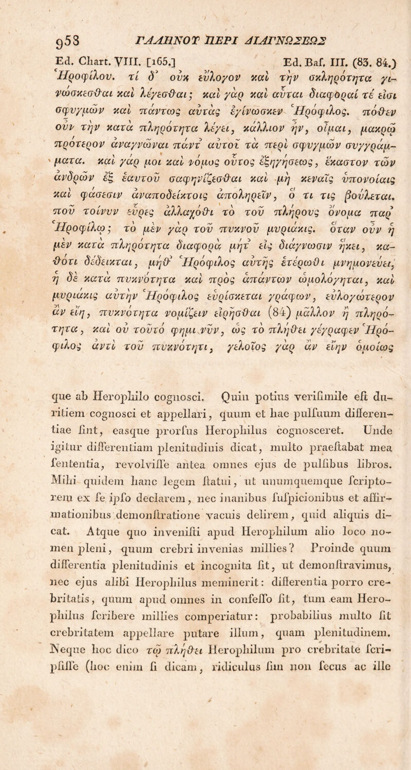 ■) 953 ΓΑΛΗΝΟ Τ ΗΕΡΙ ΛΙΛΓΝΩ2ΕΩΝ Ed. Cliart. yill. [i65.] Ed. Baf, III. (83. 84.) Ηροφίλου. τί δ* ουχ εύλογον καί την οχληρότητα γι~ νωσκεσ&αι καί λέγεσΰαι; καί γάρ καί αυται διαφοραί τέ είσι σφυγμών καί πάντως αυτάς έγίνωσκεν cΗρόφιλος. πό&εν ονν την κατά πληρότητα λέγει, κάλλιον ην} οίμαι, μακρώ προτερον άναγνώναι πάντ αυτοί τα περί σφυγμών συγγράμ- ματα. καί γαρ μοι καί νόμος ουτος εξηγήσεως, έκαστον των ανδρών εξ εαυτοί) σαφηνίζεσϋ'αι καί μη κεναΐς υπονοίαις καί φασεσιν άναποδείκτοις άποληρεΐν, ο τι τις βούλεται, που τοίνυν εύρες άλλαγό&ι τό του πλήρους όνομα παρ Ηροφίλω· τό μεν γαρ του πυκνοί μυριάκις, όταν ουν ή μεν κατα πληρότητα διαφορά μήτ εις διάγνωσιν ήκει, κα- θότι δέδεικται, μήϋί 1Ιρόφιλος αυτής ετέρωϋι μνημονεύει, η δέ κατά πυκνότητα καί προς απάντων ώμολόγηται, καί μυριάκις αυτήν ‘Ηρόφιλος ευρίσκεται γραφών, ευλογώτερον αν είη, πυκνότητα νομίζειν είρήσϋαι (84) μάλλον ή πληρό- τητα, καί ου τουτό φημι.νυν, ως τό πλήΰει γέγραφεν Ηρό- φιλος αντί τον πυκνότητι, γελοίος γάρ αν εϊην ομοίως que ab Heropliilo cognosci. Quin potius veridmile ed du- ritiem cognosci et appellari, quum et liae pulfuum differen- tiae bnt, easque prorfus Heropliilus cognosceret. Unde igitur differentiam plenitudinis dicat, multo praedabat mea, fententia, revolviffe antea omnes ejus de pultibus libros. Mihi quidem lianc legem datui, ut unumquemque fcripto- rem ex fe ipfo declarem, nec inanibus fufpicionibus et affir- mationibus ;demondratione vacuis delirem, qnid aliquis di- cat. Atque quo invenidi apud Heropbilum alio loco no- men pleni, quum crebri invenias millies ? Proinde quum differentia plenitudinis et incognita dt, ut demondravimus, nec ejus alibi Heropliilus meminerit: differentia porro cre- britatis, quum apud omnes in confeffo dt, tum eam Hero- pliilus fcribere millies comperiatur: probabilius multo dt crebritatem appellare putare illum, quam plenitudinem, Neque lioc dico το) πλή^ει Heropbilum pro crebritate fcri-