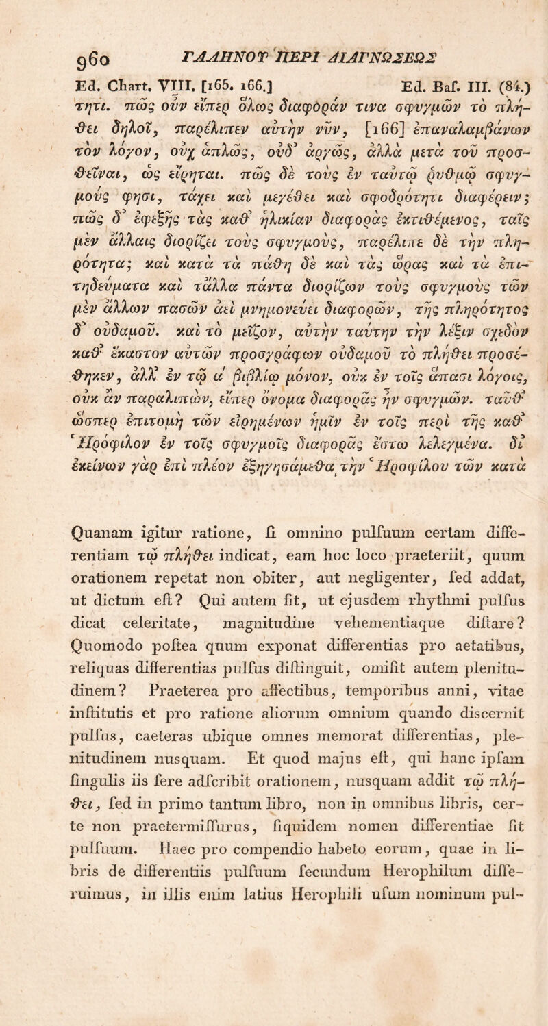 g6o ΓΑΛΗΝΟT ΠΕΡΙ 4ΙΑΓΝΩΣΕΩΣ Ed. Cliart. VIII. [ι65. ι66.] Ed. Baf. III. (84.) τητι. πώς ουν εϊπερ όλως διαφόράν τινα σφυγμών τό πλη- Όει δηλοΐ, παρέλιπεν αυτήν νυν, [ι66] επαναλαμβάνουν τον λόγον, ονχ απλώς, ονδ5 άργώς, αλλά μετά τον προσ- •Ρεΐναι, ως εϊρηται. πώς δε τους εν ταυτώ ρυΟμώ σφυγ- μούς φησι, τάχει καί μεγέ&ει καί σφοδρότητι διαφέρειν; πώς δ3 εφεξής τάς κα$ ηλικίαν διαφοράς εκτιθέμενος, ταϊς μεν άλλαις διορίζει τους σφυγμούς, παρέλιπε δε την πλη- ρότητα; καί κατά τά πάθη δε καί τάς ώρας καί τά επι- τηδεύματα καί τάλλα πάντα διορίζων τους σφυγμούς τών μεν άλλων πασών αεί μνημονεύει διαφορών, της πληρότητος δ’ ουδαμον. καί τό μεΐζον, αυτήν ταυτήν την λεξιν σχεδόν καϋ? έκαστον αυτών προσγράφων ουδαμον τό πληθει προσέ- θηκεν, άλλζ εν τώ α βιβλίω μόνον, ουκ εν τοΐς άπασι λόγοις, ουκ άν παραλιπών, εϊπερ όνομα διαφοράς ην σφυγμών. ταυδέ ώσπερ επίτομη τών εΙρημένων ήμΐν εν τοΐς περί της καθ* cΗρόφιλον εν τοΐς σφυγμοΐς διαφοράς έστω λελεγμένα. δι εκείνων γάρ επί πλέον εξηγησάμεθα την cΙΙροφίλου τών κατά Quanam igitur ratione, ii omnino pulfuum certam diffe- rentiam τώ πληθει indicat, eam lioc loco praeteriit, quum orationem repetat non obiter, aut negligenter, fed addat, ut dictum eft? Qui autem fit, ut ejusdem rhythmi pullus dicat celeritate, magnitudine vehementiaque difiare? Quomodo poltea quum exponat differentias pro aetatibus, reliquas differentias pullus difiinguit, omifit autem plenitu- dinem? Praeterea pro affectibus, temporibus anni, vitae inftitutis et pro ratione aliorum omnium quando discernit pullus, caeteras ubique omnes memorat differentias, ple- nitudinem nusquam. Et quod majus eft, qui hanc ipfam lingulis iis fere adfcribit orationem, nusquam addit τώ πλη- θει, fed in primo tantum libro, non in omnibus libris, cer- te non praetermiffurus, fiquidem nomen differentiae fit pulfuum. Haec pro compendio habeto eorum, quae in li- bris de differentiis pulfuum fecundum Herophilum diffe- ruimus, in illis enim latius Ilerophiii ufum nominum pul-