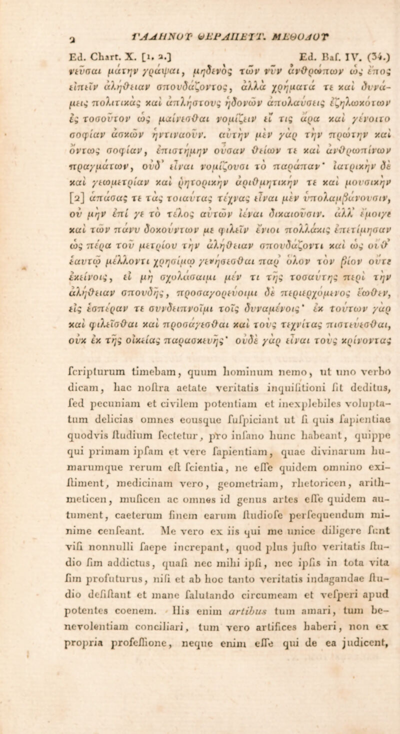 VAAtlNUT VEPAIIE JT. MLeUJOT Ed. Chart. X. [i, a.] Ed. Baf. IV. (34.) νενσαι μύτην γράφιαι} μηδενο; των ννν ανθρώπων ώ; έπος είπεΐν αλήθειαν σπονδαζοντο;, αλλά χρήματά τε xai δυνά- μει; πολιτικά; xai άπληστου; ηδονών απόλαυσα; εζηλωχότων ί; τοσοντον ώ; μαίνεσθαι νόμιζαν εΐ τις αρα xai γενοιτο σοφίαν άσχών ηντιναονν. αυτήν μεν γάρ την πρωτην xai οντω; σοφίαν, επιστήμην ονσαν θείων τι xai ανθρωπίνων πραγμάτων y οίδ* είναι νομίζονσι το παράπαν' ιατριχην δε xai γεωμετρίαν xai ρητοριχην αριθμητικήν τε χαι μουσικήν [2] άπάσας τέ τα; τοιαντα; τ άχνα; αναι μεν νπολαμβάνονσιν, ον μην ini γε το τ έλος αυτών iivai δικαιονσιν. άλΧ εμοιγε xai των πανν δοχούνιων μι ηιλεϊν ενιοι πολλάκι; επιτίμησαν ώ; πέρα τού μέτριου την άληθειαν σπονδαζοντι καί ώ; οι \ϊ εαντώ μίλλοντι χοησίμω γενησεσθαι παυ ολον τον βίον ούτε εκείνοι;y εΐ μη σχολάσαιμι μεν τι τη; τοσαντη; περί την άληθειαν σπονδή;, προσαγορενοιμι άέ περιερχομενο; εωθεν, εις εσπεραν τε σννδειπνοίμι τοΐ; δυναμένοις* εκ τούτων γάρ xai φιλεισθαι xai προσάγεσθαι καί τον; τεχνίτα; πιστενεσθαι, ούκ εκ τη; οικεία; παρασκευή;' ουδέ γάρ είναι τον; κρίνοντας fcripturum timebam, quum hominum nemo, ut uno verbo t dicam, hac noflra aetate veritatis inquiiilioni iit deditus, fed pecuniam et civilem potentiam et inexplebiles volupta- tum delicias omnes eousque fufpiciant ut ii quis fapientiae quod vis /ludium fectetur, pYo infimo hunc habeant, quippe qui primam ipfam et vere fapientiam, quae divinarum hu- marumque rerum e/l fcientia, ne elTe quidem omnino exi- iliment, medicinam vero, geometriam, rhetoricen, arith- meticen, muQcen ac omnes id genus artes cibe quidem au- tument, caeterum finem earum lludiofc perfequendum mi- nime cenfeant. Me vero ex iis qui me unice diligere funt vili nonnulli faepe increpant, quod plus jufto veritatis itu- dio fim addictus, quali nec mihi ipli, nec ipfis in tota vita fim profuturus, nili et ab hoc tanto veritatis indagandae /lu- dio defi/lant et mane falulando circumeam et vefperi apud potentes coenem. Ilis enim artibus tum amari, tum be- nevolentiam conciliari, tum vero artifices haberi, non ex propria profefiione, neque enim e/Te qui de ea judicent,