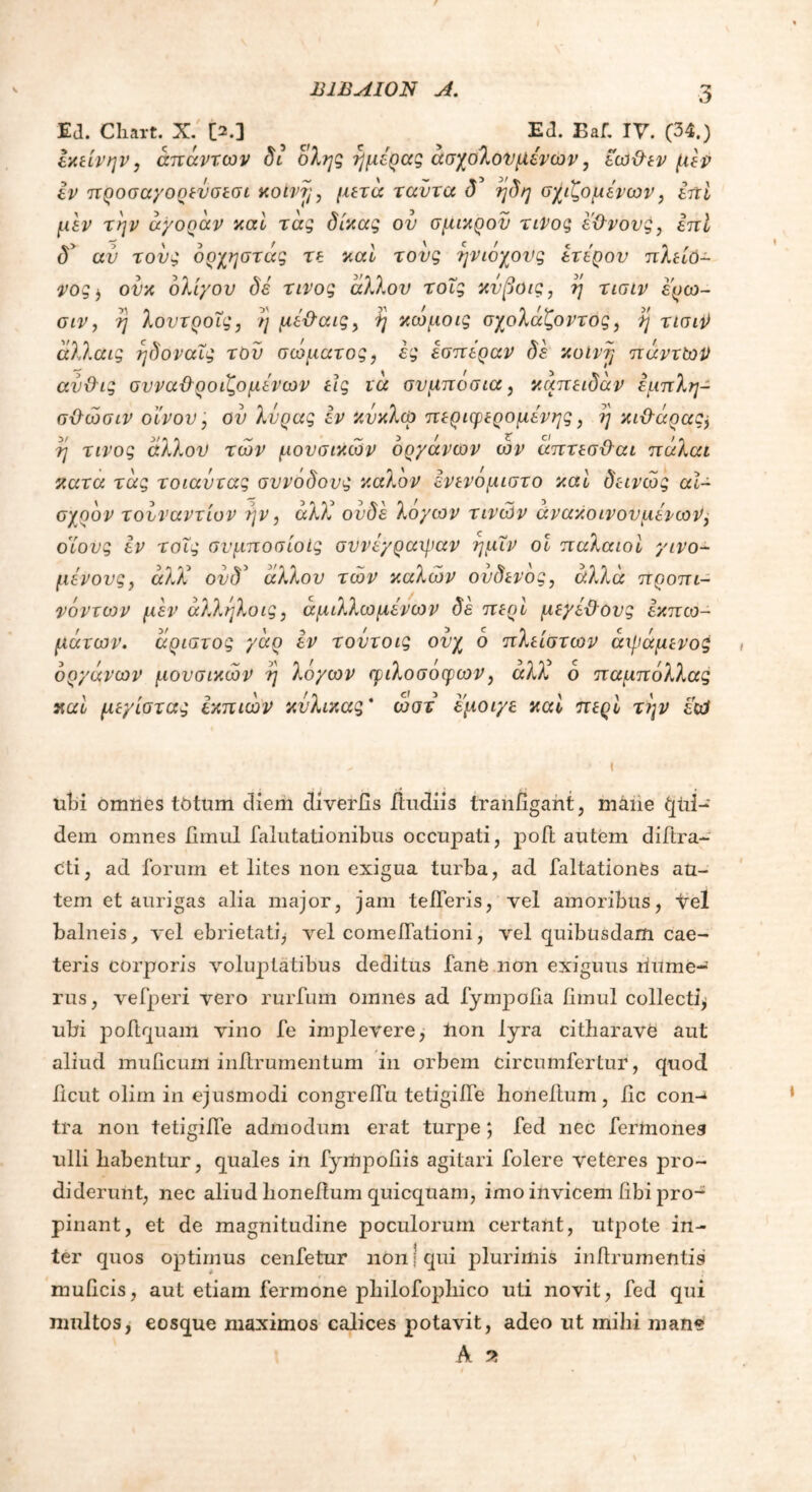 EJ. Chart. X. [2.] ^ Ed. Eaf. IV. (34.) εκείνην, απάντων δι όλης ημέρας ασχολούμενων, εώ&εν (Λεν εν προσαγορεΰσεσι κοίνμετά ταύτα d’ ηδη σχιζόμενων, επί μεν την αγοράν καί τάς δίκας ου σμικρού τίνος εϋνους, επί δ> αν τους δρχηστάς τε καί τους ηνιόχους ετέρου πλείό- νος j ονκ ολίγου δέ τίνος άλλου τοΐς κύβοις, η τισιν ερω- σιν, η λουτροΐς, η μέϋ'αις, η κώμοις σχολάζοντος, η τισιι) άλλαις ηδοναΐς του σώματος, ές εσπέραν δέ κοινή πάντων αυϋ ις συναϋροιζομένων εις ι ά συμπόσια, καπειδάν έμπλη- σ&ώσιν οίνον, ου λέρας εν κύκλω περιφερομένης, η κν&άρας, η τίνος άλλου των μουσικών οργάνων ων άπτεσϋαι πάλαι κατα τάς τοιαντας συνόδους καλόν Ινενόμιστο καί δεινώς αι- σχρόν τουναντίον ην, άλΧ ουδέ λόγων τινών ανακοινουμένων, οίονς έν τοΐς συμποσίοίς συνέγραφαν ημΐν οί παλαιοί γινο- μένους, άλΧ ουδ5 άλλου των καλών ουδενος, αλλά προπι- νόντων μέν άλληλοις, άμιλλωμένων δέ περί μεγέθους εκπω- μάτων. άριστος γάρ έν τουτοις ουχ ό πλείστων άιράμενος οργάνων μουσικών η λόγων φιλοσόφων, αλΧ ό παμπόλλας καί μεγίστας έκπιων κύλικας* ωστ εμοιγε καί περί την ειΰ ubi omnes totum diem diverfis /ludiis tranfigant, mane tjfii- dem omnes fimul falutationibus occupati, pofi autem diftra- Cti, ad forum et lites non exigua turba, ad faltationfes au- tem et aurigas alia major, jam tefferis, vel amoribus, vel balneis, vel ebrietati^ vel comeflationi, vel quibusdam cae- teris corporis voluptatibus deditus fane non exiguus rlume-' rus, vefperi vero rurfum omnes ad fympofia fimul collecti^ ubi poftquam vino fe implevere, Uon lyra citharave aut aliud muficum inftrumentum in orbem circumfertur, quod ficut olim in ejusmodi congre/Tu tetigiile boneftum, fic con-* tra non tetigiile admodum erat turpe; fed nec fertnones ulli babentur, quales in fyrtipofiis agitari folere veteres pro- diderunt, nec aliud lioneltum quicquam, imo invicem fibi pro- pinant, et de magnitudine poculorum certant, utpote in- ter quos optimus cenfetur non : qui plurimis infirumentis muficis, aut etiam fermone pliilofopbico uti novit, fed qui multos, eosque maximos calices potavit, adeo ut milii mane A 2