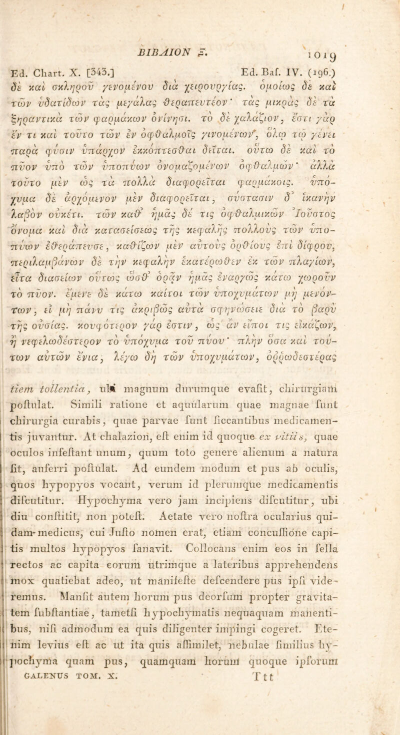 / ΒΙΒΑΙΟΝ «=. j ο 1 y Ed. Chart. X. [343.] Ed. Baf. IV. (196.) de zea σκληρού γινομένου δια χειρονργίας. ομοίως δε καί των νδατίδων τάς με/άλας Βεραπεντεον' τάς μικράς δε τα ξηραντικά των φαρμάκων δνίνησι. το δε χαλάζι ον, εστι γάρ εν τι και τούτο των εν δφΒαλμοΐς γινομένων', ολω τω γίνει παρά φνσιν νπάρχον εκκόπτ εσΒαι δίΐται. ον τω δε καί τδ πύον νπδ των νποπνων ονομαζόμενων δφϋ αλμών' άλλα τούτο μεν ώς τά πολλά διαφορεΐται φαομάκοις. νπό- χνμα δε άρχόμενον μεν διαφορεΐται, σνστασιν δ3 ικανήν λαβδν ονκετι. τώ>ν καϋύ ημάς δε τις οφΒαλμικών Μούστος δνομα και διά κατασείσεως της κεφαλής πολλούς των ύπο- πτων εϋεοάπενσε, καϋίζων μεν αυτούς δρΒίονς επί δίφρον, περιλαμβάνων δε την κεφαλήν εκατερωΒεν εκ των πλαγίων, ειτα διασείων όντως ωσϋ· δράν ημάς εναογώς κάτω χωρούν τδ πύον, εμενε δε κάτω καίτοι τίδν νποχνμάτοον μη μενόν- των, εί μη πάνν τις ακριβώς αυτά σφηνωσειε διά τδ βαρύ της ουσίας. κονμότερον γάρ εστιν , ώς άν είποι τις εϊκάζων, η νεφελωδεστερον τδ νπόχνμα τού πύον' πλην οσα καί τού- των αυτών ενια, λέγω δη των νποχνμάτων, δρρωδεστερας tiem tollentia, ul* magnum durum que evafit, chirurgiam poflulat. Simili ralione et aquularum quae magnae funt chirurgia curabis, quae parvae funt iiccantibus medicamen- tis juvantur. At chalazion, cft enim id quoque ex vitiis, quae oculos infeftant unum, quum toto genere alienum a natura fit, auferri poftulat. Ad eundem modum et pus ab oculis, quos hypopyos vocant, verum id plerumque medicamentis difcutitur. Hypochyma vero jam incipiens difcutitur, ubi diu confli iit, non poteft. Aetate vero noftra ocularius qui- dam* medicus, cui Jufto nomen erat, etiam concufiione capi- tis multos liypopyos fanavit. Collocans enim eos in fella rectos ac capita eorum utrimque a lateribus apprehendens mox quatiebat adeo, ut maniiefte defcendere pus ipfi vide- remus. Manfit autem horum pus deorfum propter gravita- tem fubftantiae, tametfi liypochymatis nequaquam manenti- bus, nifi admodum ea quis diligenter impingi cogeret. Ete- nim levius eft ac ut ita quis afiimilet, nebulae fimilius hy- pochyma quam pus, quamquam horum quoque ipforum GALENUS ΤΟΜ. X. * ff 11 1