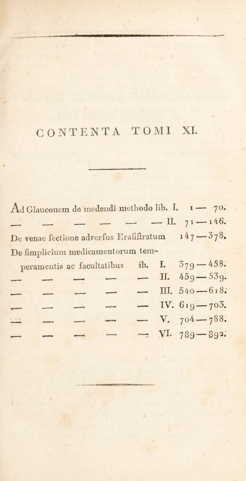 CONTENTA TOMI XI. % Ad Glauconem de medendi methodo lib. T. i jo» __ — — II. 71 —146. Dc venae fectione adverfus Erafiftratum 14 7 — 3 7 8. De fimplieium medicamentorum tem- peramentis ac facultatibus ib. I. 079 458. — .— II. 45g— 53g. III. 54o — 6i8; _ _ _ — — IV. 619 — 703. — V. 704—788. — — — — —= VI· 789 — 892. N