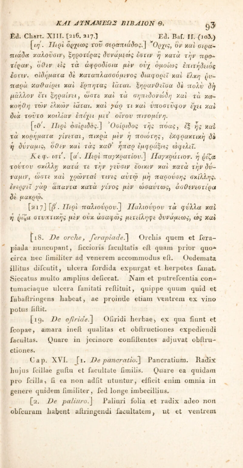 KJI ΑΤΝΑΜΕΩ2 BIBAION 9^ £d. Chart. ΧΙΙΓ. [216. 317.] Ecl. Baf. ΙΓ. Qo3.) \ιη * Ίϊερί ορχεως τον σίραπια^ος.] *Ορχις, ον xcu σί(>α~ πιάδα καλονσιν> ξηροτίρας δννάμεώς εστιν ’η κατά την προ- τεραν, ίίς τ« αφροδίσια μεν ον/ ομοίως επιτήδειός έστιν. οιδήματα δε χαταπλασσόμενος διαφορεΐ καί έλκη ρυ- παρά Χαθαίρει καί ερπητας ίαται. ξηυανθ εΐσα δε πολύ δη μάλλον ετι ξηραίνει, ώστε καί τά σηπεδονώδη >:αί τα κα- κοήθη των ελκών ίάται. καί γάρ τι καί νποστνφον ε/ει καί δια τούτο κοιλίαν επεχει μετ οίνον την ο μεν η. [ίθ'. Περί όσίριδόςύ] ’Οσίριδος της πόας, εξ ης καί τα κορηματα γίνεται, πίκρα μεν η ποιότης, εχφρακτικη δβ η δνναμις> όθεν καί τάς καθ' ήπαρ εμφράξεις ωφελεί. Κεφ. ιστ . [α . ΙΙερί παγκρατίου.] Παγκράτιον. η ρίζα τούτον σκίλλη κατά τε την γενσιν εοικεν καί κατά την δύ- ναμιν, ώστε καί χρώνταί τινες αντω μη παρονσης σκίλλης^ ενεργεί γάρ άπαντα κατά γένος μεν ωσαύτως, ασθενέστερα δε μακρών [·κ 17] [β'· Περί παλιούρον.] ΤΙαλιούρον τά φύλλα καί η ρίζα στνπτικης μεν ούκ ασαφώς μετείληφε δννάμεώς, ως καί [ι8. Oe orche, fercipiadeOrcliis quem et fera- piada nuncupant, ficcioris facultatis eit quam prior quo·1· circa nec iimiliter ad venerem accommodus eft. Oedemata illitus difcutit, ulcera fordida expurgat et herpetes fanat. Siccatus multo amplius deilccat. Nam et putrefcentia con-1· tumaciaque ulcera fanitati reftituit, quippe quum quid et fubaiiringens habeat, ac proinde etiam ventrem ex vino potus liilit. [19. Dc ofiride.] OGridi herbae., ex qua fiunt et fcopae, amara in eft qualitas et obftructiones expediendi facultas. Quare in jecinore coniiitentes adjuvat obii.ru-1 ctiones. Cap. XVI. [1. I)e pancratio.~\ PanCratium. Radii hujus Iciliae guftu et facultate fnnilis. Quare ea quidam pro fcilla, h ea non adiit utuntur, efficit enim omnia in genere quidem iimiliter, fed longe imbecillius. [2. De paliuro.J Paliuri folia et radix adeo non obfcuram habent aftringendi facultatem, ut et ventrem