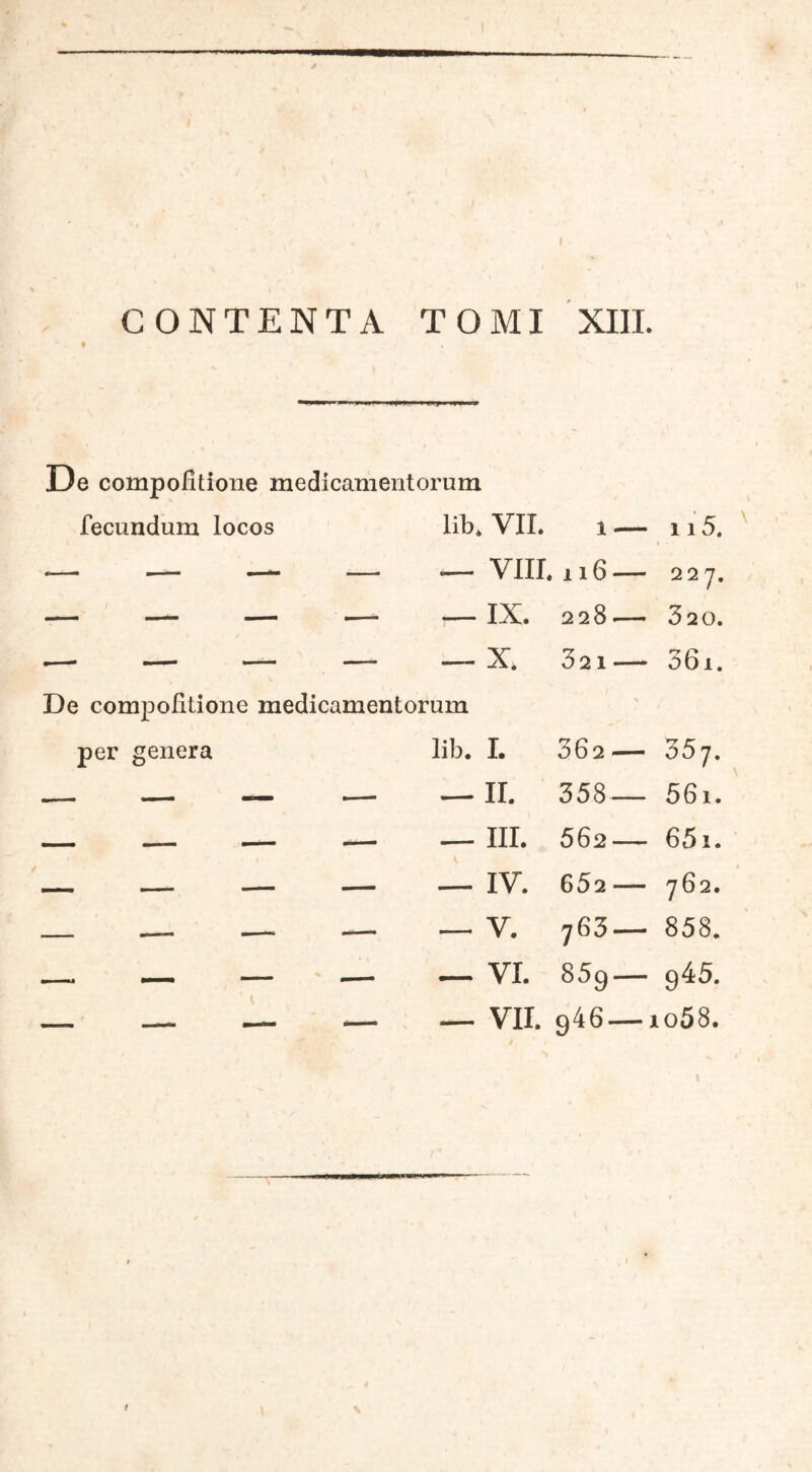 / CONTENTA TOMI XIII. De compofitione medicamentorum fecundum locos lib. VII. i — — — — — VIII.i 16 — —- — ■— —IX. 228 115. 227. 320. ■— — — — — X. 321— 361. De compofitione medicamentorum per genera lib. I. 362- - 357. — II. 358- - 56i. — III. 562- - 651. — IV. 652 — - 762. — V. 763 — - 858. — VI. S59 — - 945· — VII. 946 — -io58. 1 \