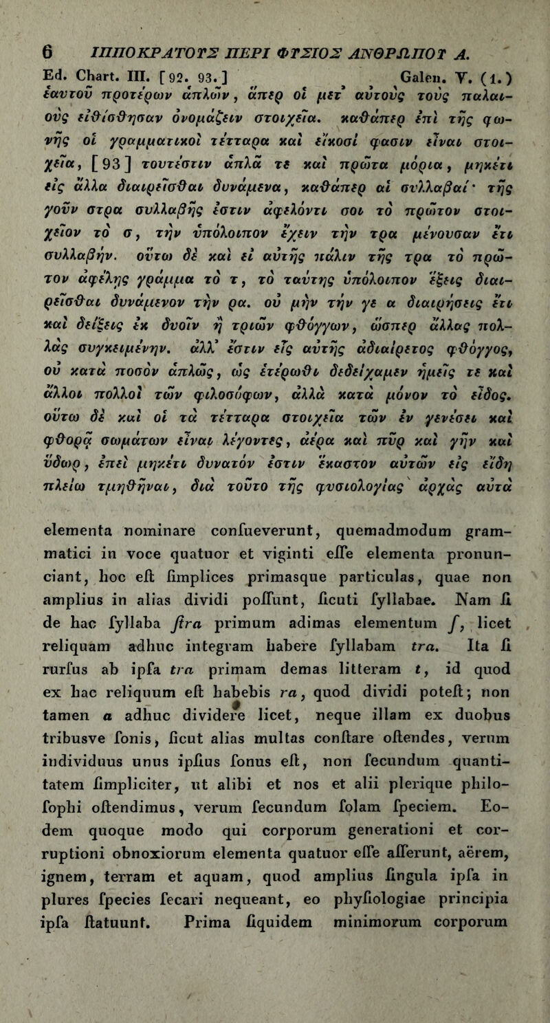 Ed. Chart. III. [92.^93.] # ^ Galen. Υ. (1.) εαυτού προτέρων απλών, άπερ οι μετ αυτούς τούς παλαι- ούς ειί9/σθησαν όνομάζειν στοιχεία, καθάπερ επί της φω- νής οί γραμματικοί τετταρα και είκοσι φασιν είναι στοι- χεία, [93] τουτέστιν απλά τε καί πρώτα μόρια, μηκετι εις άλλα διαιρείσθαι δυνάμενα, καθάπερ αί σνλλαβαί' της γοϋν στρα συλλαβής εστιν άφελόντι σοι το πρώτον στοι- χείον τό σ, την υπόλοιπον εχειν την τρα μένουσαν ετι συλλαβήν, οντω δε καί εί αυτής πάλιν της τρα τό πρώ- τον αφελές γράμμα τό τ, το ταντης υπόλοιπον έξεις διαι- ρείσθαι δυνάμενον την ρα. ου μην την γε α διαιρησεις ετι καί δείξεις εκ δυοίν η τριών φθόγγων, ώσπερ άλλας πολ- λας συγκείμενην. άλλ' εστιν εΤς αυτής αδιαίρετος φθόγγος, ου κατά ποσόν απλώς, ώς έτέρωθι δεδείχαμεν ημείς τε και άλλοι πολλοί των φιλοσόφων, αλλά κατά μόνον τό είδος. ούτω δε καί οι τά τετταρα στοιχεία των εν γενέσει καί φθορά σωμάτων είναι λέγοντες, αέρα καί πυρ καί γην καί ύδωρ, έπεί μηκετι δυνατόν εστιν έκαστον αυτών εις είδη πλείω τμηθηναι, διά τούτο της φυσιολογίας άρχάς αυτά elementa nominare confueverunt, quemadmodum gram- matici in voce quatuor et viginti effe elementa pronun- ciant, hoc eit fimplices primasque particulas, quae non amplius in alias dividi poliunt, licuti fyllabae. Nam 11 de hac fyllaba fira primum adimas elementum f, licet reliquam adhuc integram habere fyllabam tra. Ita 11 rurfus ab ipfa tra primam demas litteram t, id quod ex hae reliquum eit habebis ra, quod dividi poteil; non tamen a adhuc dividere licet, neque illam ex duobus tribusve Ionis* iicut alias multas conftare oilendes, verum individuus unus ipiius fonus eit, non fecundum quanti- tatem limpliciter, ut alibi et nos et alii plerique philo- foplii ollendimus, verum fecundum folam fpeciem. Eo- dem quoque modo qui corporum generationi et cor- ruptioni obnoxiorum elementa quatuor elle afferunt, aerem, ignem, terram et aquam, quod amplius lingula ipfa in plures fpecies fecari nequeant, eo phyliologiae principia ipfa ilatuunt. Prima liquidem minimorum corporum