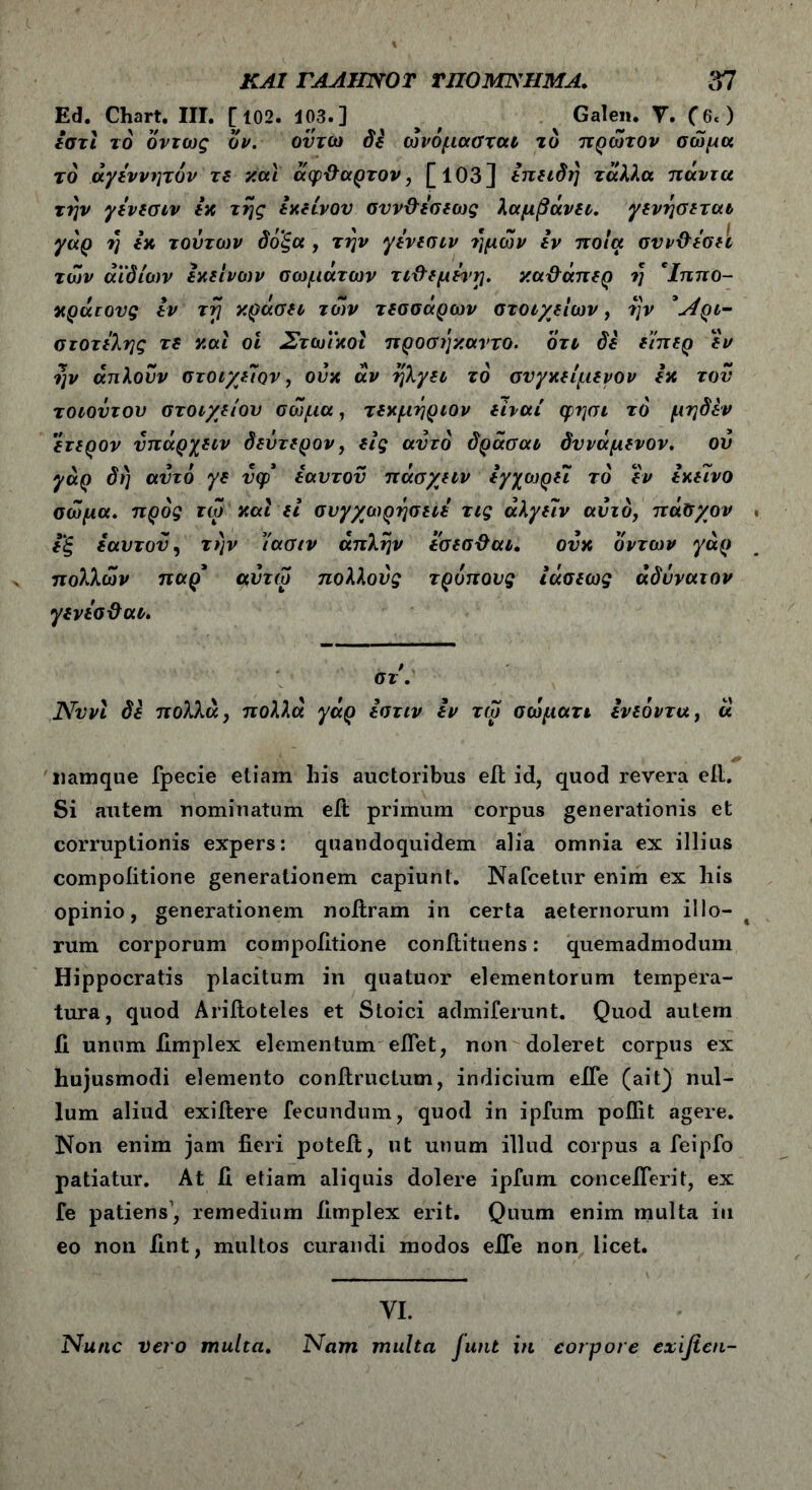 Ed. Chart. III. [102. 103.] , Galen. Υ. (6.) εστί τό όντως όν. ούτω δε ώνόμαοτac τυ πρώτον σώμα το άγεννητόν τε και άφ&αρτον, [103] επειδή τ'άλλα πάντα την γενεσιν εκ της εκείνου συν&εσεως λαμβάνει, γενήσεται γάρ η εκ τούτων δόξα , την γενεσιν ?]μών εν ποια συνδέσει των άϊδίων εκείνων σωμάτων τιΰεμενη. κα&άπερ η 'Ιππο- κράτονς εν τή κράσει των τεσσάρων στοιχείων, ην Αρι- στοτέλης τε καί οί Στωΐκοι προσήκαντο. ότι δε είπερ εν ην απλούν στοιχείον, ουκ άν ήλγει το συγκείμενον εκ του τοιούτου στοιχείου σώμα, τεκμήριον είναι φησι τό μηδέν ετερον ΰπάρχειν δεύτερον, εις αυτό δράσαι δυνάμενον. οΰ γάρ δη αυτό γε ύφ* εαυτού πάσχειν εγχωρει τό εν εκείνο σώμα, προς τω και εί συγχωρήσετε τις άλγείν αυτό, πάσχον εξ εαυτού, τήν ίασιν απλήν εσεσϋαι. ουκ όντων γάρ πολλών παρ' αύτω πολλούς τρόπους ίάσεως αδύνατον γενεσϋαι. / στ. Νυνί δε πολλά, πολλά γάρ εστιν εν τω σώματι ενεόντα, ά namque fpecie eliam his auctoribus eii id, quod revera eil. Si autem nominatum eit primum corpus generationis et corruptionis expers: quandoquidem alia omnia ex illius compoiitione generationem capiunt. Nafcetur enim ex liis opinio, generationem noitram in certa aeternorum illo- rum corporum compoiitione conftituens: quemadmodum Hippocratis placitum in quatuor elementorum tempera- tura, quod Ariitoteles et Stoici admiferunt. Quod autem ii unum iimplex elementum eflet, non doleret corpus ex hujusmodi elemento conftructum, indicium eiTe (ait) nul- lum aliud exiftere fecundum, quod in ipfum poifit agere. Non enim jam fieri poteft, ut unum illud corpus a feipfo patiatur. At fi etiam aliquis dolere ipfum concefierit, ex fe patiens1, remedium iimplex erit. Quum enim multa iu eo non fint, multos curandi modos eiTe non licet. VI. Nunc Vero mulca. Nam multa Junt in corpore exiflen-