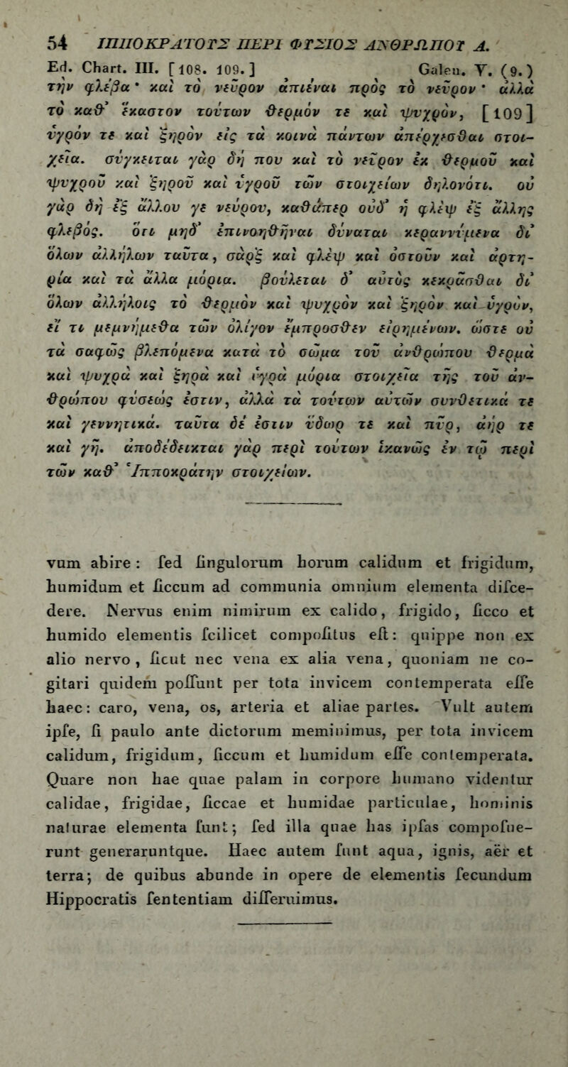 Ed. Chart. III. Γ108- 109.] # ^ Galeu. Υ. (9.) την φλέβα * χαι τό νεΰρον άπιεναι προς το νενρον * άλλα τό καθ' 'έκαστον τοντων θερμόν τε χαι ψυχρόν, [ 109 ] νγρον τε χαι ξηρόν εις τά χοινά πάντων άπέρχεσθαι στοι- χεία. σνγχειται γαρ δη που χαι τό νεΐρον εχ θερμού χαι ψνχροΰ ν.αι 'ξηρόν χαι νγροΰ των στοιχείων δηλονότι. ου γαρ δη εξ άλλου γε νεΰρον, χαθάπερ ου δ* η φλεψ εξ άλλης φλεβός. 'ότι μηδ’ επινοηθηναι δνναταί χερανννμενα δι όλων άλληλων ταΰτα, σαρξ χαι φλεψ χαι όστοΰν χαι άρτη~ ρία χαι τά άλλα μόρια. βούλεται ό* αυτός χεχρασθαι δι όλων άλλήλοις τό θερμόν χαι ψυχρόν χαι ξηρόν χαι υγρόν, εί τι μεμνήμεθα των ολίγον έμπροσθεν είρημένων. ώστε ου τά σαφώς βλεπόμενα χυτά τό σώμα τον άνθρωπον -θερμά χαι ψυχρά χαί ξηρά χαι υγρά μόρια στοιχεία της του άν- θρώπου φνσεώς εστιν, άλλά τά τοντων αυτών συνθετικά τε χαί γεννητιχά. ταΰτα δε εστιν νδωρ τε χαι πνρ, άήρ τε χαι γη, άποδέδειχται γάρ περϊ τούτων Ιχανώς εν τω περί τών χαθ* *Ιπποχράτην στοιχείων. vum abire: fed Ungulorum horum calidum et frigidum, humidum et Hccum ad communia omnium elementa difce- dere. Nervus enim nimirum ex calido, frigido, ficco et humido elementis fcilicet compotitus eit: quippe non ex alio nervo, ficut nec vena ex alia vena, quoniam ne co- gitari quidem poliunt per tota invicem contemperata eile haec: caro, vena, os, arteria et aliae partes. Vult autem ipfe, fi paulo ante dictorum meminimus, per tota invicem calidum, frigidum, ficcum et humidum efie contemperata. Quare non hae quae palam in corpore humano videntur calidae, frigidae, ficcae et humidae particulae, hominis naturae elementa funt; fed illa quae has ipfas compofue- runt generaruntque. Haec autem funt aqua, ignis, aer et terra; de quibus abunde in opere de elementis fecundum Hippocratis fententiam differuimus.