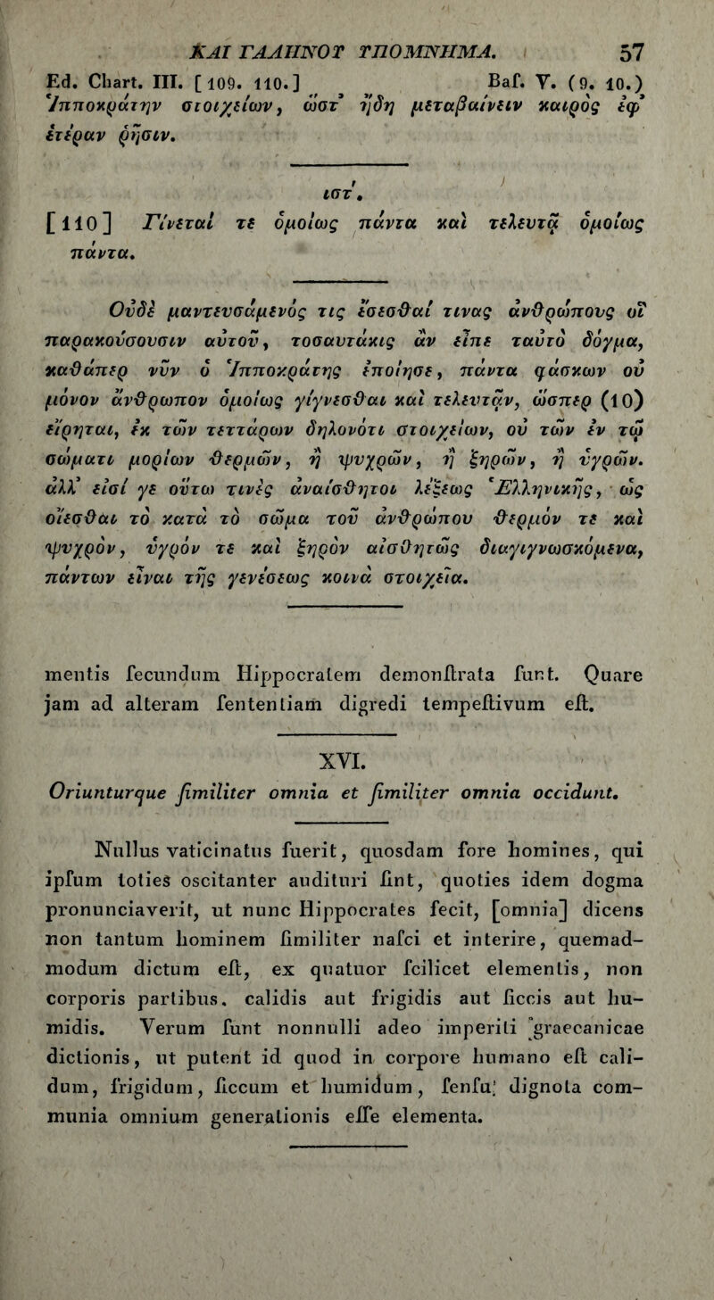 Ed. Chart. IIT. [ 109. 110.] , # ^ Baf. Υ. (9. ίο.) 7πποκράτην στοιχείων, ώστ η δη μεταβαίνειν καιρός εφ έτεραν ρησιν. I ιστ, [110] Γίνεται τε ομοίως πάντα και τελευτά ομοίως πάντα. Ουδέ μαντενσάμενός τις εσεσθαί τινας ανθρώπους υΐ παρακουσουσιν αυτόν, τοσαυτάκις αν είπε τ αυτό δόγμα, καθάπερ νυν ό 'Ιπποκράτης εποίησε, πάντα βάσκων ου μόνον άνθρωπον ομοίως γίγνεσθαι καί τελευτάν, ώσπερ (ΐθ) είρηται, εκ των τεττάρων δηλονότι στοιχείων, ου των εν τώ σα'ψατι μορίων θερμών, η ψυχρών, τ] ξηρών, η υγρών. άλ)ί είσί γε οϋτα) τινες αναίσθητοι λεξεως 'Ελληνικής, ώς οίεσθαι τό κατά το σώμα τον ανθρώπου θερμόν τε και ψυχρόν, υγρόν τε καί ξηρόν αίσθητώς διαγιγνωσκόμενα, πάντων είναι της γενεσεως κοινά στοιχεία. mentis fecundum Hippocratem demonilrata fur.t. Quare jam ad alteram fentenliani digredi tempeilivum eil. XVI. Oriunturtjue βτηΐΐίίττ omnia et βmiliter omnia occidunt. Nullus vaticinatus fuerit, quosdam fore homines, qui ipfum toties oscitanter audituri lint, quoties idem dogma pronunciaverit, ut nunc Hippocrates fecit, [omnia] dicens non tantum hominem iimiliter nafci et interire, quemad- modum dictum eft, ex quatuor fcilicet elementis, non corporis partibus, calidis aut frigidis aut ficcis aut hu- midis. Verum funt nonnulli adeo imperiti graecanicae dictionis, ut putent id quod in corpore humano eft cali- dum, frigidum, iiccum et humidum, fenfu’ dignota com- munia omnium generationis elfe elementa.