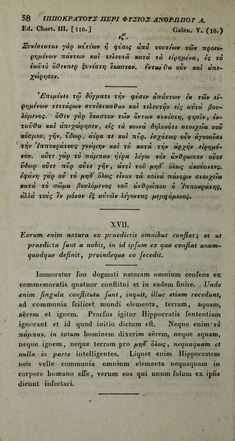 Ed. Chart. ΙΠ. [110.] Galen. Υ* (10.) . Ανν'ισταται γάρ αίτιων ί] φνσις από τουτίων των προει- ρημένοι πάντοιν και τελευτά κατά τά ειρημένα, ές το έωϋτο όϋενπερ ξυνέστη έκαστον. ΐντομϋα ουν και απέ- χω ρησ εν. 'Επιμένει τω δόγματι την φΰσιν απάντων έκ των εί- ρημενων τεττάρων συνισιασϋαι και τελευτάν εις αυτά βον- λόμενος. ο·&εν γάρ έκαστον των οντων συνέστη, qyolv, έν- ταϋ&α και άπεχώρησεν, εις τά κοινά δηλονότι στοιχεία του κοσμον, γην, ίδωρ, αέρα τε και πυρ. εσχάτως ουν αγνοούσε την Ίπποκράτους γνώμην και τό κατά την άρχην είρημέ- νον. ούτε γάρ τό πάμπαν ?]έρα λέγω τον άνϋρωπον οντε νδωρ οντε πυρ οντε γην, άντι του μηδ* ολως άκονοντες. εφάνη γάρ ου τό μηδ’ ολως είναι τά κοινά πάντμν στοιχεία κατά τό σώμα βονλόμενός του άν&ρώπου 6 Ιπποκράτης, άλλά τους έν μόνον εξ αυτών λέγοντας μεμφόμενος· XVII. Eorum enim natura ex praedictis omnibus confiat; et ut praedicta funt a nobis, in id ipjum ex quo confiat unum- quodque definit, proindeque eo fecedit. Immoratur Tuo dogmati naturam omnium cenfens ex commemoratis quatuor conititui et in eadem finire. Unde enim fingula confiituta funt, inquit, illuc etiam recedunt, ad communia JTcilicet mundi elementa, terram, aquam, aerem et ignem. Prorfus igitur Hippocratis fententiam ignorant et id quod initio dictum efi. Neque enim το πάμπαν, in totum hominem dixerim aerem, neque aquam, neque ignem, neque terram pro μηδ’ ολως, nequaquam et nulla in parte intelligentes. Liquet enim Hippocratem no'u velle communia omnium elementa nequaquam in corpore humano eiTe, verum eos qui uuum folum ex ipfis dicunt infectari.