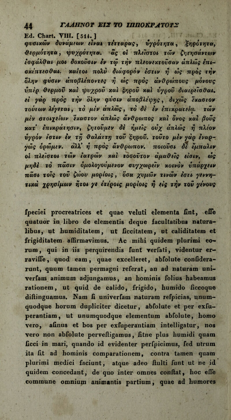Ed. Chart. ΤΙΙΪ. [514.] φυσικών δυνάμεων είναι τετταρας, υγρότητα, ξηρότητα, θερμότητα, ψυχρότητα. ας οί πλείστοι των ζητησαντων εσφάλθαι μοι δοκούσιν iv τώ την πλεονεκτούσαν απλώς επι- ακεπτεσθαι. καίτοι πολύ διάφορόν Ιστιν η ως προς την ολην φύσιν άποβλεποντες η ως προς ανθρώπους μόνους ύπερ θερμού και ψυχρού και ξηρού και υγρού διαιρεΐσθαι. ii γάρ προς την ολην φΰσιν άποβλεψης, διχώς έκαστον τούτων λέγεται, το μεν απλώς, το δε iv επικράτεια, τών μεν στοιχείων έκαστον απλώς άνθρωπος και όνος και βούς κατ επικρατησιν, ζητούμεν δε ημείς ούχ απλώς η πλέον υγρόν Ιστιν εν τη θαλάττη τού ξηρού, τούτο μεν γάρ εναρ~ γώς όρώμεν. αλλ* η προς άνθρωπον, ποιούσι δε εμπαλιν οι πλείστοι τών Ιατρών και τοσοϋτον αμαθείς εισιν, ώς μηδε τό πάσιν όμολογούμενον συγχωρείν κοινόν ύπάρχειν ττάσι τοίς τού ζώου μορίοις , οσα χυμών τινών εστι γεννη- τικά χρησίμων ήτοι γε έτεροις μορίοις η εις την τού γένους fpeciei procreatrices et quae veluti elementa iint, elTe quatuor in libro de elementis deque facultatibus natura- libus, ut humiditalem, ut iiccitatem, ut caliditatem et frigiditatem affirmavimus. Ac mihi quidem plurimi eo- rum, qui in iis perquirendis funt verfati, videntur er- ravi fle, quod eam, quae excelleret, abfolute confidera- runt, quum tamen permagni referat, an ad naturam uni- verfam animum adjungamus, an bominis folius habeamus rationem, ut quid de calido, frigido, humido ficcoque diftinguamus. Nam ii univerfam naturam refpicias, unum- quodque horum dupliciter dicetur, abfolute et per exfu- perantiam, ut unumquodque elementum abfolute, homo vero, aiinus et bos per exfuperantiam intelligatur, nos vero non abfolute pervefligamus, iitne plus humidi quam iicci in mari, quando id evidenter perfpicimus, fed utrum ita iit ad bominis comparationem, contra tamen quam plurimi medici faciunt, atque adeo flulti funt ut ne id quidem concedant, de quo inter omnes conflat, hoc efle commune omnium animantis partium, quae ad humores