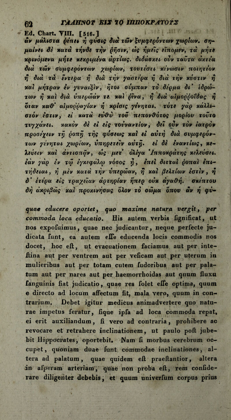 Ed. Chart, VIII· [516. ] αν μάλιστα ρε'πει ή φύσις διά των Συμφερόντων χωρίων. ση- μαίνει δδ κατά τήνδε την ρήσιν, ως ημείς είπομεν, τα μήτε κρινόμενα μητί κεκριμενα άρτίως. διδάσκει ουν ταυτα άκτεα διά των συμφερόντων χωρίων, τουτεστι κενωσιν ποιητεον η διά τα εντερα η διά την γαστέρα η διά την κνστιν η και μήτραν εν γνναιξιν, ήτοι αύμπαν το δέρμα δι* ιδρώ- των η και διά υπερώάν τε και ρίνα, η διά αιμορροΐδας η οταν κα&* αιμορραγίαν η κρίσις γενηται, τότε γάρ κάλλι- στόν εστιν, εί κατά εν&ύ του πεπον&ότος μορίου τούτο τυγχάνει, κακόν δε εί εις τουναντίον, δει ουν τον ιατρόν προσεχειν τη ροπή τής φυσεως και εί αυτή διά συμφερόν- των γενηται χωρίων, νπηρετείν αυτή, εί δε εναντίως, κε- λεΰειν καί άντισπαν, ως μετ ολίγα *Ιπποκράτης κελευσει. εάν γάρ εν τώ εγκεφάλω νόσος ή, επεί διτταί ροπαϊ επι- τήδειαι, ή μεν κατά την υπερώαν, η καί βελτίων εστιν, η δ* ετερα εις τραχείαν αρτηρίαν ήπερ ουκ άγα&ή. σκεπτου δή ακριβώς καί προκινήσας όλον το σώμα όπου άν ή φΰ- quae educere oportet, quo maxime natura vergit, per commoda loca educatio. His autem verbis Hgnificat, ut nos expofuimus, quae nec judicantur, neque perfecte ju- dicata funt, ea autem eiTe educenda locis commodis nos docet, hoc eft, ut evacuationem faciamus aut per inte- ftina aut per ventrem aut per veficam aut per uterum in mulieribus aut per totam cutem fudoribus aut per pala- tum aut per nares aut per haemorrhoidas aut quum fluxu fanguinis fiat judicatio, quae res folet efle optima, quum e directo ad locum affectum fit, mala vero, quum in con- trarium. Debet igitur medicus animadvertere quo natu- rae impetus feratur, fique ipfa ad loca commoda repat, ei erit auxiliandum, fi vero ad contraria, prohibere ac revocare et retrahere inclinationem, ut paulo poft jube- bit Hippocrates, oportebit. JVam fi morbus cerebrum oc- cupet, quoniam duae funt commodae inclinationes, al- tera ad palatum, quae quidem eft praeftantior, altera in afperam arteriam, quae non proba eft, rem confide- rare diligenter debebis, et quum univerfum corpus prius