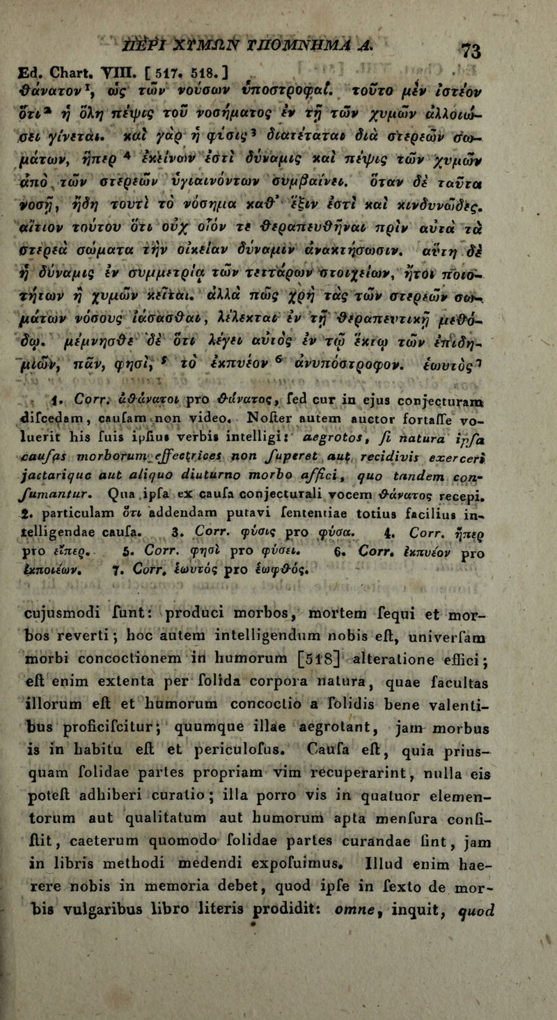 ttiZPl XTMJIN THOMNIIMA A* Ed. Chart. ΥΙΠ. [_517. 518.] &άνατονΙ9 ώς των νούσων νποστροφαί. τούτο μίν ίστέον θτι% η ολη πέψις του νοσήματος εν τη των χυμών αλλοιώ- σει γίνεται. και γάρ η φταις* διατέταται διά στερεών σω- μάτων, ηπερ 4 εκείνων εστι δνναμις και πέψις των χυμών άηό,τών στερεών νγιαινοντων συμβαίνει. όταν δε τ αυτοί νοση, ηδη τουχϊ το νόσημα χαΘ* εξιν εστί και κινδυνώδες. αίτιον τούτου οτι ούχ οϊόν τε ΘεραπευΘηναι πριν αυτά τα στερεά σώματα την οίκείαν δνναμιν άνακτησωσιν. αυτή δΐ η δύναμις εν συμμετρία τών τεττάρων στοιχείων, ητόΐ ποιο- τήτων η χυμών κείϊάι· αλλα πώς χρη τάς τών στερεών μάτων νόσους ίάσασ&αι, λέλεχται ε ν τη -Θεραπευτική μεΘό- δω. μεμνησΘε δε ότι λέγει αύιος εν τω εκτω τών έπιδη·* μίωΡ, πάν} φησί9 * το έχπυεον 6 άνυπόστροφον. εωυτος1 1. Corr. αθάνατοι pro Θάνατος, fed cur in ejus conjeqturait* ^difcedam, caufam non video. Noiter autem auctor fortafle vo- luerit his fuis ipfiue verbis intelligi: aegrotos, fi natura ipfa caufps morborum-effectrices non fuperet aut recidivis exerceri jactariquc aut aliquo diuturno morbo affici, quo tandem con- fumantur. Qua .ipfa ex caufa conjecturali vocem Θάνατος recepi. particulam οτι addendam putavi fententiae totius facilius in- lelligendae caufa. 3. Corr. φΰσις pro φυσά. 4. Corr. ηπερ pro εϊπερ,. 5. Corr. φηοΐ pro φύσει, Corr. Ιχπυεον pro Ιχποιέων, 7. Corr, Ιωντός pro ίωφΘός. cujusmodi funt: produci morbos, mortem fequi et mor- bos reverti; hoc autem intelligendum nobis eit, univerfam morbi concoctionem in humorum [518] alteratione effici; eit enim extenta per folida corpora natura, quae facultas illorum eit et humorum concoctio a fblidis bene valenti- bus proficifcitur; quumque illae aegrotant, jam morbus is in habitu efl et periculofus. Caufa eit, quia prius- quam folidae partes propriam vim recuperarint, nulla eis poteft adhiberi curatio; illa porro vis in quatuor elemen- torum aut qualitatum aut humorum apta menfura conii- ilit, caeterum quomodo folidae partes curandae iint, jam in libris methodi medendi expofuimus. Illud enim hae- rere nobis in memoria debet, quod ipfe in fexto de mor- bis vulgaribus libro literis prodidit: omne9 inquit, quod