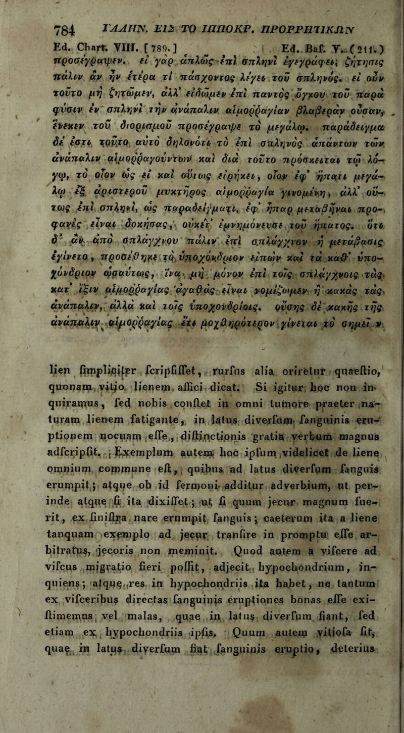 Ed. Charr. Vili. [789.] f Ed. Baf. V. C o 11. ) προσίγραψεν. εί γάρ απλώς ini σπληνί εγεγράφει, ζητησις πάλιν άν ην ετερα τι πάσχοντος λίγα του σπληνός. ei ουν τούτο μη ζητώμεν, αλλ* ειδώμεν ini παντός ,όγκου του παρά φνσιν εν σπληνί την ανάπαλιν αιμορραγίαν βλαβεράν ονσ'αν? ενεκεν τον διορισμού προσεγραψε το μεγάλω, παράδειγμα όί £0τι τιοίΐτ^ αυτό δηλονότι το ini σπληνός απάντων των ανάπαλιν αψορραγουντων και διά τοντο πρόσκειται τοΊ λό- γω, τό οΤον ώς ei και συιως ειρήκει, οΐορ εφ* ηπατι μεγά- λο) εξ_ αριστερού μνκτηρος αιμορραγία γινόμενη, άλλ’ ού- τως ini σπ\ηνι, ώς παραδείγματι, εφ’ ήπαρ μτταβηναι προ- (payig είναι δοκησας, ονκεΥ εμνημόνενσε του ηπατος. οτι δ aiic άπο σπλάγχνου πάλιν ini σ.πλάγχνον η μετάβασις ιγίνετο , προσεϋ η\ιε τρ, υποχόνδριον ε/πών και τά καθ’* υπο- χόνδριον τρραντως, ίνα< μη μόνον ini τοίς σπλάγχνοις τάς κατ ϊξιν αιμορραγίας 'ά,γα&άς ξίναι νομίζωμ&ν η κακάς τάς ανάπαλιν, αλλά και το7ς όποχονδρίοις. ρύσης δε ,κακής της ανάπαλιν αιμορραγίας eti μοχ,&ηρότερον γίνεται τό σημείων lien fimpliqi(.pr fcripfiiTet, rurfus alia oriretur quaeitio, quonap^, vitjo, lienem affici dicat. Si igitur hoc non in· quiramus, fed nobis conftej: in omni tumore praeter na- turam lienem fatigante, in latus diverfum. fanguinis eru- ptionem nocuam -eiTe,, difijri;ctipnis gratia verbum magnus adfcripfit. , fxemplum autem; hoc ipfum videlicet de liene omnium commune eft, quibus ad latus diverfum fanguis erumpit ; atque ob id fermonf additur adverbium, ut per- inde atque fi. ita dixiflet; tut; fi quum jecur magnum fue- rit, ex finifira nare erumpit fanguis; caeteruni ita a liene tanquam exemplo ad jecu? tranfire in promptu effle ar- bitratu^, 'jecoris non meminit. Quod autem a vifcere ad vifcus migratio fieri poflit, adjecit hypochondrium, in- quiens; atque,res in hypochondriis ita habet, ne tantum ex vifceribu? directas fanguinis eruptiones bonas eife exi- ilimemus vel malas, quae in latu? diverfum fiant, fed etiam ex hypochondriis ipfts, Quum autem vitiofa fit, quae in lat.us diverfum fiat fanguinis eruptio, deterius