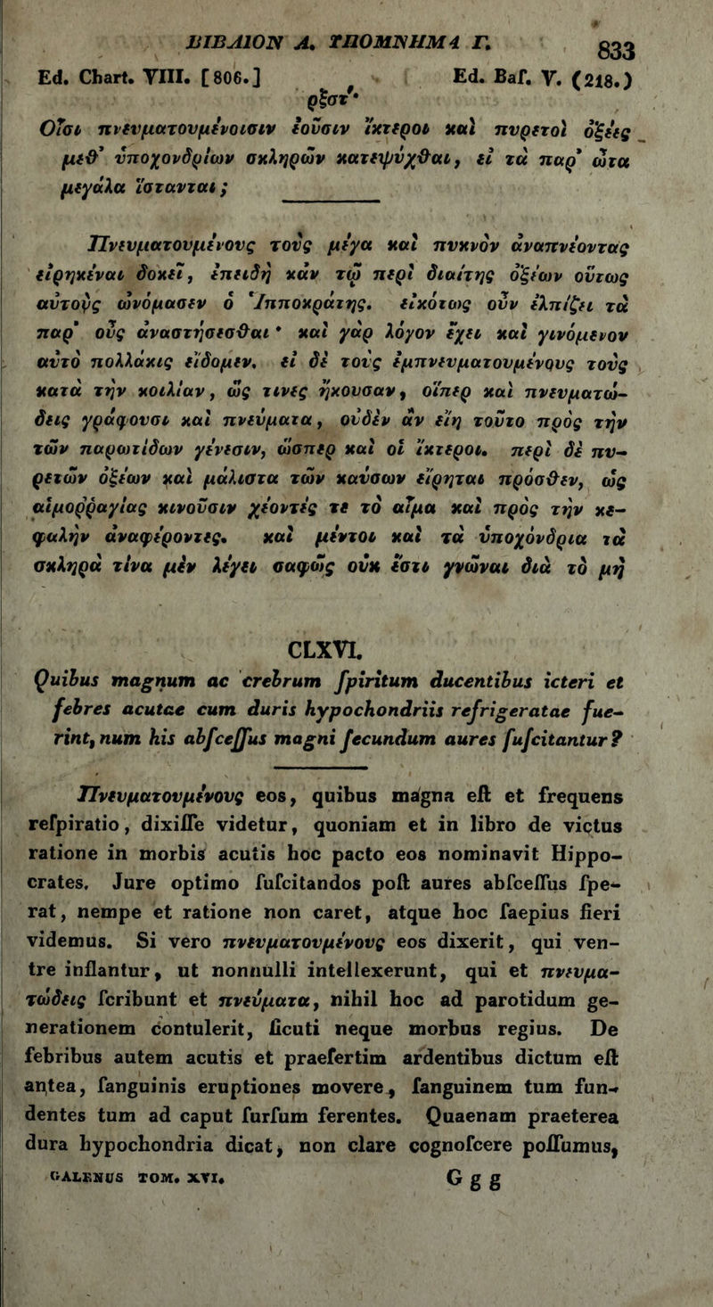 HIBA10N A. rnOMmiM4 Γ. Ed. Chart. VIII. [806.] Ed. Baf. V. (218.) ρξστ'· ΟΤσι πνενματουμενοισιν εονσιν ίκτεροι και πυρετοί όξε'ες με&’ υποχονδρίων σκληρών κατεψιu τά παρ' ώτα μεγάλα ϊστανται; ΤΙνευματονμενους τούς μεγα και πυκνόν άναπνεοντας ειρηκεναι δοκει, επειδή καν τω περί διαίτης ό'ξε'ων όντως αυτούς ώνόμασεν 6 'Ιπποκράτης, εΐκότως ούν ελπίζει τά παρ' ούς άναστησεσ&αι * και γάρ λόγον εχει και γινόμενον αυτό πολλάκις εϊδομεν, ei de τους εμπνευματουμενους τους κατά την κοιλίαν, ως τινες ηχούσαν, οϊπερ και πνευματώ- δεις γράφουσι και πνεύματα, ονδεν αν είη τούτο προς την των παρωτίδων γενεσιν, ώσπερ και οι ίκτεροι. περί δε πυ- ρετών οξέων και μάλιστα των καύσων είρηται πρόσ&εν, ω£ αιμορραγίας κινούσιν χεοντες τε τό αΤμα καί προς την κε- φαλήν άναφεροντες, καί μεντοι καί τά υποχόνδρια τά σκληρά τίνα μεν λεγει σαφώς ονκ εσχι γνώναι διά τό μη ■ L· .... . CLXVI. Quibus magnum ac crebrum fpiritum ducentibus icteri et febres acutae cum duris hypochondriis refrigeratae fue- rint, num his abfceffus magni fecundum aures fufcitantur? ΤΙνευματονμενους eos, quibus magna eft et frequens refpiratio, dixifle videtur, quoniam et in libro de victus ratione in morbis acutis hoc pacto eos nominavit Hippo- crates. Jure optimo fufcitandos poft aures abfceflus fpe- rat, nempe et ratione non caret, atque hoc faepius fieri videmus. Si vero πνενματ ουμένους eos dixerit, qui ven- tre inflantur, ut nonnulli intellexerunt, qui et πνευμα- τώδεις fcribunt et πνεύματα, nihil hoc ad parotidum ge- nerationem contulerit, ficuti neque morbus regius. De febribus autem acutis et praefertim ardentibus dictum efl: antea, fanguinis eruptiones movere * fanguinem tum fun-r dentes tum ad caput furfum ferentes. Quaenam praeterea dura hypochondria dicat > non clare cognofcere polium us, OALF.NUS TOM. XVI. G g g