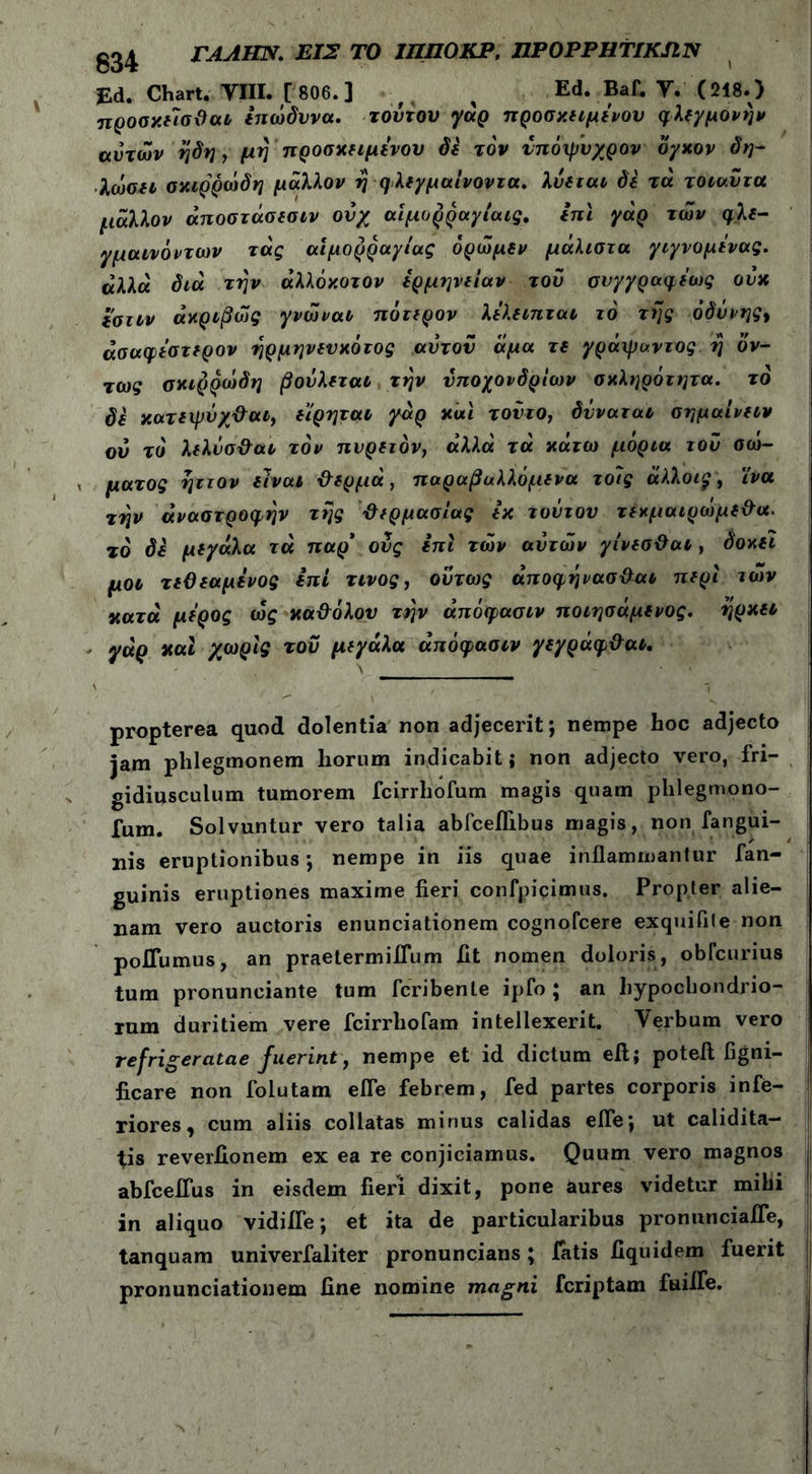 034 ΓΑΛΗΝ. ΕΙΣ ΤΟ ΙΠΠΟΚΡ. ΠΡΟΡΡΗΤΙΚΙΙΝ £d. Chart. ΥΙΙΙ. [ 806.] f< ^ Ed. Baf. V. (218.) προσχδίσϋαι Ιπώδυνα. τούτον γάρ προσχδίμύνου φλξγμονήν αυτών η δη, μη προσκειμένου δδ τον νπόψυχρον ογχον δη- λώσδΐ σχιρρώδη μάλλον η φλδγμαίνοντα. λύδται δδ τα τοιαύτα μάλλον άποστάσδσιν ούχ αιμορραγίας, ini γάρ των φλδ- γμαινόντων τάς αιμορραγίας όρώμδν μάλιστα γιγνομίνας. άλλα διά την άλλόχοτον ίρμηνδίαν τού σνγγραφδ'ως ονχ ίστίν ακριβώς γνώναι πότιρον λδλδίπται το της όδύνης9 άσαφύστδρον ηρμηνδνχότος αυτού άμα τδ γράψαντος η όν- τως σκιρρώδη βούλδται την υποχονδρίων σκληρότητα, το δδ χατδίρύχ&αι, δίρηται γαρ Χαι τούτο, δνναται σημαίνδίν ού τυ λδλύσ&αι τον πνρδτόν, αλλα τα χάτω μόρια τού σώ- ματος ηττον δίναι &δρμά, παραβαλλόμδνα τοϊς άλλοις, ϊνα την αναστροφήν της ΰδρμασίας Ιχ τούτον τδκμαιρώμδ&α. το δδ μδγάλα τα παρ’ ούς ini των αυτών γίνδσ&αι, δοχδΐ μοι τδθδαμδνος ini τίνος, ούτως άποφηνασ&αι πδρι των χατά μύρος ως χα&όλου την άπόφασιν ποιησάμδνος. ηρχδΐ γάρ χαι χωρίς του μδγάλα άπόφασιν γδγράφ&αι. propterea quod dolentia non adjecerit; nempe hoc adjecto jam phlegmonem horum indicabit j non adjecto vero, fri- gidiusculum tumorem fcirrhofum magis quam phlegmono- fum. Solvuntur vero talia abfceflibus magis, non fangui- nis eruptionibus ·, nempe in iis quae inflammantur fan- guinis eruptiones maxime fieri confpicimus. Propter alie- nam vero auctoris enunciationem cognofcere exquifile non poflumus, an praetermiiTum fit nomen doloris, obfcurius tum pronunciante tum fcribente ipfo; an hypochondrio- rum duritiem vere fcirrhofam intellexerit. Verbum vero refrigeratae fuerint, nempe et id dictum eft; poteft figni- ficare non foiutam efle febrem, fed partes corporis infe- riores , cum aliis collatas minus calidas eflej ut calidita- tis reverfionem ex ea re conjiciamus. Quum vero magnos abfceflus in eisdem fieri dixit, pone aures videtur mihi in aliquo vidifle; et ita de particularibus pronunciaiTe, tanquam univerfaliter pronuncians; fatis fiquidem fuerit pronunciationem fine nomine magni fcriptam fuiife.