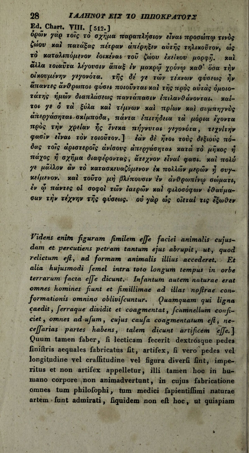 Ed. Chart. yiJI. [512.] ορών γαρ το7ς τό σχήμα παραπλήσιον είναι προσωπω τίνος ζωον καί πατάξας πήραν άπερηξεν αυτής τηλικούτον, ως το καταλιπομενον εοικεναι του ζώου εκείνου μορφή, καί αλλα τοιαύτα λεγουσιν άπαξ εν μακρω χρόνω κα& οσα τήν οικουμένην γεγονότα, τής δε γε των τέκνων φύσεως ήν απαντες αν&ρωποι φύσει ποιούνται και τής προς αύτάς ομοιό- τατης ήμων διαπλάσεως παντάπασιν επιλανϋάνονται. καί- τοι γε ο τα ξυλά καί τεμνων καί πρίων καί συμπηγνύς απεργασηται σκίμποδα, πάντα επιτήδεια τά μόρια εχοντα προς την χρείαν ής ενεκα πήγνυται γεγονότα, τεχνίτην φασΐν είναι τον τοιούτον,] εάν δε ήτοι τους δεξιούς πό- δας τοΐς αριστεροΐς άνίσονς απεργασηται κατά τό μήκος ή πάχος ή σχήμα διαφεροντας, άτεχνον είναι φασι. καί πολύ γε μάλλον αν το κατασκεναζομενον εκ πολλών μερών ή συγ- κείμενον, και τούτο μη βλεπουσιν εν αν&ρωπίνω σωματι, εν ω παντες οι σοφοί των ιατρών καί φιλοσόφων έ&αύμα- σαν τήν τέχνην τής φνσεως. ου γάρ ως οίεταί τις εξω&εν Videns enitn figuram fimilem effe faciei animalis cujus- dam et percutieris petram tantum ejus abrupit, ui, quod relictum efi, ad formam animalis illius accederet. Et alia hujusmodi fiemel intra toto longum tempus in orbe terrarum facta effe dicunt. Infantum autem naturae erat omnes homines fiunt et fimillimae ad illas nofirae con- formationis omnino oblivifcuntur, Quamquam qui ligna caedit, ferraque dividit et coagmentat, fcamnellum confi- ciet y omnes ad ufum, cujus caufa coagmentatum efiy ne- ce ffarias partes habens, talem dicunt artificem effe.] Quum tamen faber, fi lecticam fecerit dextrbsque pedes iinifiris aequales fabricatus fit, artifex, fi vero pedes vel longitudine vel craifitudine vel figura diverfi fint, impe- ritus et non artifex appelletur, illi tamen boc in hu- mano corpore non animadvertunt, in cujus fabricatione omnes tum pbilofophi, tum medici fapientifiimi naturae artem funt admirati, fiquidem non ell hoc, ut quispiam