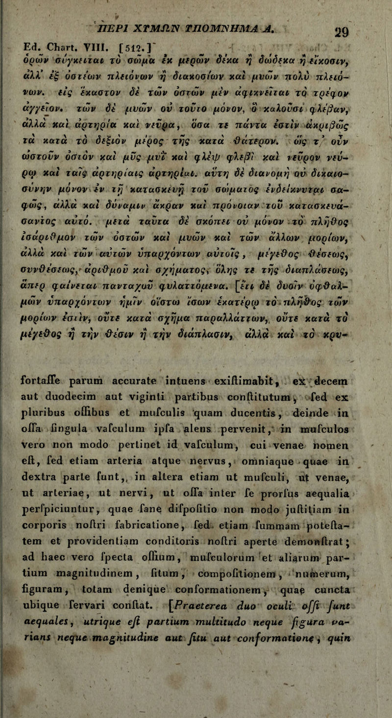 ΠΕΡΙ XTMJIN ΤΠΟΜΠΗΜΑ A. «jg Ed. Chart. VIII. [512.]' ορών σύγκιιται το σώμα δκ μδρών δέκα ή δώδδκα ή διχοσιν, άλλ* έξ όατέων πλδιόνων ή διακοσίων και μνών πολύ πλδιό- νων. δίς έκαστον δ δ τών οστών μίν άφικνδίται το τρέφον αγγδιον» τών δέ μυών ον τούτο μόνον, δ χαλούσι φλέβαν, άλλα και αρτηρία και νδύρα, ‘όσα τδ πάντα έστίν ακριβώς τα κατά τδ δδξιόν μέρος της κατά θάτδρον. όίς τ' ούν ωστονν όσιόν και μυς μν'ι και φλδχβ φλδβι και νδνρον νδύ- ρω και ταίς άρτηρίαις άρτηρίαι. αντη δδ διανομή ον δικαιο- σύνην μόνον έν τή κατασκδυή τον σοψατος ivdfixvvtai σα- φώς, αλλά και δύναμίν άκραν και πρόνοιαν τού κατασκδνά- σαντος αυτό, μδτά ταύτα δδ σκόπδΐ ον μόνον το πλήθος ισάριθμον τών οστών και μνών και τών άλλων μορίων, άλλα και τών αυτών υπαρχόντων αύτοις, μέγδθος θέσδως, συνθέσιωςχ άριθμον και σχήματος, όλης τδ τής διαπλαΟδως, άπδρ φαίνδται παντα/υΰ φυλαττόμδνα. \_έιι δδ δυοίν οφθαλ- μών υπαρχόντων ήμίν οϊστο) ίσων έκατέρω τό πλή&ος τών μορίων ίσιιν, οντδ κατά σχήμα παραλλάττων, ον τδ κατά τδ μέγδθος ή τήν θέσιν ή τήν διάπλασιν, άλλα και ζό κρν- fortalTe parum accurate intuens exiftimabit, ex decem aut duodecim aut viginti partibus conftitutum, fed ex pluribus oflibus et mufculis ‘quam ducentis, deinde in oifa ungula vafculum ipfa alens pervenit, in mufculos vero non modo pertinet id vafculum, cui venae nomen eft, fed etiam arteria atque nervus, omniaque quae in dextra parte funt,, in altera etiam ut mufculi, ut venae, ut arteriae, ut nervi, ut offa inter fe prorfus aequalia peripiciuntur, quae fane difpofitio non modo juftitiam in corporis noftri fabricatione, fed etiam fummam potefta- tem et providentiam conditoris noftri aperte demonftrat; ad haec vero fpecta oftium, mufculorum et aliarum par- tium magnitudinem, litum, compofitionem, numerum, figuram, totam denique conformationem, quae cuncta ubique fervari conftat. [Praeterea duo oculi offe funt aequales, utrique eft partium multitudo neque figura va- rians neque magnitudine aut fitu aut conformationc , quin