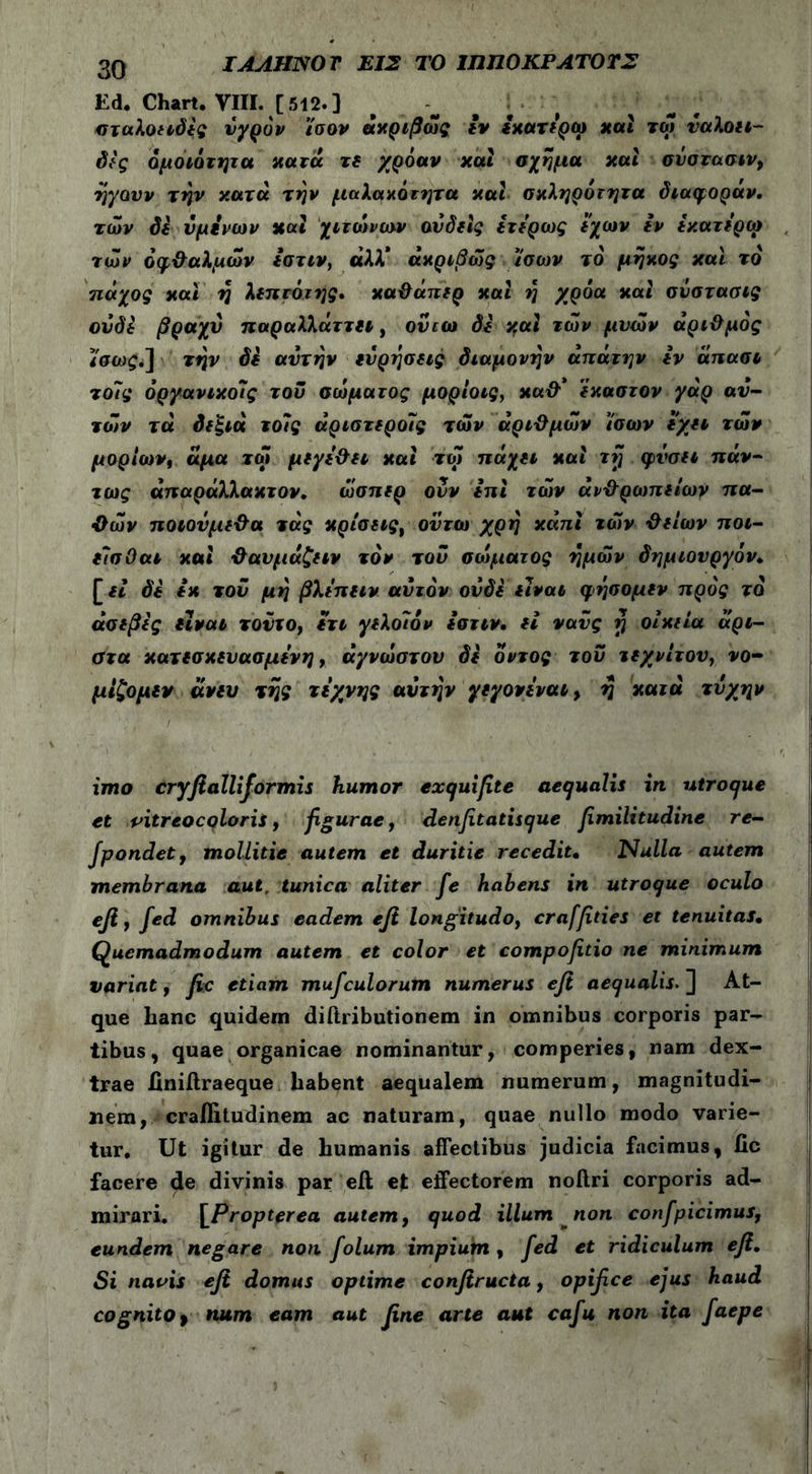 ΙΑΛΗΝΟΤ ΕΙΣ ΤΟ ΙΠΠΟ ΚΡΑΤΟΥΣ Ed. Chart. VIII. [512.] σταλοειδές υγρόν ίσον ακριβώς εν εχατερω καί τω υαλοει- δές ομοιότητα κατά τε χρόαν και σχήμα και σνστασιν, ηγουν την κατά την μαλακότητα και σκληρότητα διαφοράν, των δέ νμινών και χιτώνων ουδείς ίτέρως εχων Ιν έκατερω των οφθαλμών εστιν, αλλ* ακριβώς ϊσων το μήκος και το πάχος και η λεπτόιης. καθάπερ καί η χρόα και σνστασις ουδέ βρσχν παραλλάττει, ουτω δέ yral των μνών αριθμός ίσωςέ\ την δέ αυτήν ει'ρήσεις διαμονήν απάτην Ιν άπασι το7ς οργανικούς του σώματος μορίοις, καθ* έκαστον γάρ αν- των τα όεξιά τοΐς αριστερό7ς των αριθμών ίσων εχει των μορίων, άμα το! μεγεθει και τώ πάχη καί τη φύσει πάν- τως άπαράλλακτον, ώσπερ ονν επί των άνθροιπείων πα- θών ποιοΰμεθα τάς κρίσεις, ουτω χρη κάπί τών θείων ποι- είσΟαι καί θανμάζειν τον του σώματος ημών δημιουργόν. [ εί δε εκ του μη βλέπειν αυτόν ουδέ είναι qνησομεν πρός το ασεβές είναι τούτο, ετι γελοίον εστιν, εί ναΰς η οικεία άρι- στα κατεσκευασμενη, αγνώστου δέ όντος του τεχνίτου, νο- μίζομεν άνευ της τέχνης αυτήν γεγονεναι, η κατά τύχην imo cryftalliformis humor exquifite aequalis in utroque et vitreocoloris, figurae, denfitatisque fimilitudine re- Jpondet, mollitie autem et duritie recedit· Nulla autem membrana aut, tunica aliter fe habens in utroque oculo efi, fed omnibus eadem efi longitudo, craffities et tenuitas· Quemadmodum autem et color et compofitio ne minimum variat, fic etiam mufculorum numerus efi aequalis. ] At- que hanc quidem difiributionem in omnibus corporis par- tibus, quae organicae nominantur, comperies, nam dex- trae finifiraeque Labent aequalem numerum, magnitudi- nem, crafiitudinem ac naturam, quae nullo modo varie- tur. Ut igitur de humanis affectibus judicia facimus, fic facere de divinis par efi; et effectorem noftri corporis ad- mirari. \Propterea autem, quod illum non confpicimus, eundem negare non folum impium, fed et ridiculum efi. Si navis efi domus optime conftructa, opifice ejus haud cognito y num eam aut fine arte aut cafu non ita faepe