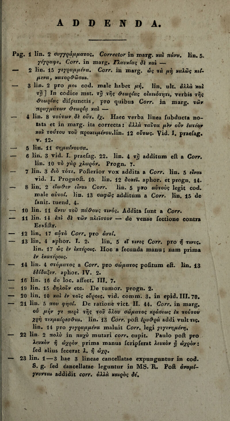 ADDENDA. Pag. 1 lin. 2 συγγράμματος. Corrector in marg. xal πάνυ. Hn. 5. γίγραφε. Corr. in marg. Γλανχίας di xal —■ — 2 lin. 15 γεγραμμενα. Corr. in marg. ως τά μη χαλως κεί- μενα, χατορ&ώσαι. — 3 lin· 2 pro μοι cod. male habet μη. lin. ult. άλλα *ul rjj j In codice mst. tJj της Ό-εωρίας οΐχειότητι, verbis της θεωρίας difpunctis , pro quibus Corr. in marg. των πραγμάτων Ό-εωρίφ xal — — 4 lin. 8 τούτων όϊ ουτ. ίχ. Haec verba linea fubducta no- tata et in marg. ita correcta: άλλα ταυτα μ^ν ovv ϊατεον xal τούτον του προχειμενου.Υιη. 12 ούτως. Vid. I. praefag. ν. 42. —· 5 lin. 11 σημαίνουσα. — 6 lin. 3 vid. I. praefag. 22. lin. 4 τη additum eft a Corr. lin. 10 το γάρ χλωρόν. Progn. 7. — 7 lin. 3 dio τότ£. Pofterior vox addita a Corr. lin. 5 είναι vid. I. Prognoft. 10. lin. 12 boxti. aphor. et progn. 14. —s 8 lin. 2 εϊω&εν είναι Corr. lin. 5 pro αυτους legit cod. male αυτοί, lin. 13 σαφώς additum a Corr. lin. 45 de fanit. tuend. 4· — 10 lin. 11 άνευ του πά&ονς τινός. Addita funt a Corr. — 11 lin. 14 ini δΐ των πλεϊοτον —· de venae Tectione contra Erafiftr. — 42 lin. 17 αυτό Corr. ρτο αντί. — 43 lin. 4 aphor. I. 2* lin, 5 «ι τινες Corr. pro η τινες. lin. 17 ως lv ίχτε'ροις. Hoc a fecunda manu; nam prima iv εκατε'ροις. — 14 lin. 4 στόματος a Corr. pro σώματος politum eft. lin. 13 ίδίδαξεν. aphor. IV. 2. — 16 lin. 16 de loc. affect. III. 7. — 19 lin. 15 δηλοίν etc. De tumor. pTOgn. 2· — 20 lin. 10 xal iv τοϊς οΰροις. vid. comm. 3. in epid. III. 70* — 21 lin. 5 nov φησί. De ratione viet. II. 44. Corr. in marg. ον μήν γε περί της του όλου σώματος χράσεως ix τούτον χρη τεχμαίρεσ&αι. lin. 13 Corr. poft ίρυ&ρα addi vult τις. lin. 14 pro γε γραμμένα maluit Corr. legi γεγενημενη. — 22 lin. 2 πολύ in παχύ mutari corr. cupit. Paulo poft pro λευκόν η ωχρόν prima manus fcripferat λευκόν η ωχρόν: fed alius fecerat λ. η ώχρ. — 23 lin. 1 — 3 hae 3 lineae cancellatae expunguntur in cod. S. g. fed cancellatae leguntur in MS. R. Foft άναμί- γνυνται addidit corr. άλλα καιρός δε.