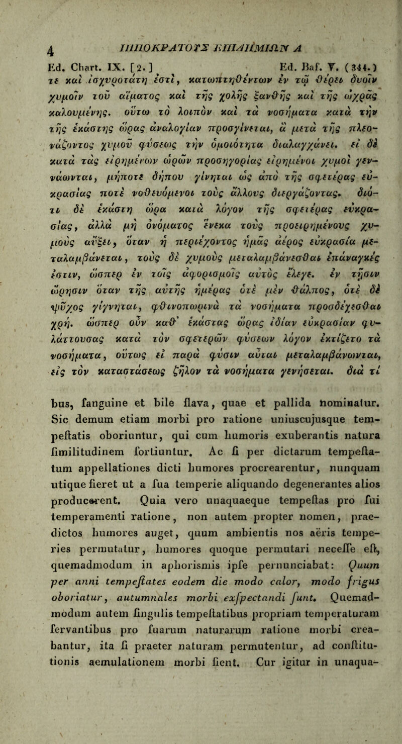 ΠΐηΟΚΡΛΤΟΐΣ iinidliMIJlJX A Ed. Chart. IX. [2.] , , Ed. Baf. T. (344. ) τε καί ισχυρότατη εστί, κατωπτηθένταιν εν τω θέρει δυοίν χυμοίν τού αίματος καί της χολής ξανθής καί της ώχρας καλούμενης, ούτω τό λοιπόν καί τα νοσήματα ν.ατά την τής έκύστης ώρας αναλογίαν προσγίνεται, ά μετά τής πλεο- νάζοντας χυμού φνσεως την ομοιότητα διαλαγχάνει. εί δε κατά τας είρημένων ωρών προσηγορίας είρημένοι χυμοί γεν- νάιανται, μήποτε δήπου γίνηται ως από τής σφειέρας ευ- κρασίας ποτέ νοθευόμενοι τους άλλους διεργάζοντας. διό- τι δε έκαστη ώρα καιά λόγον τής σφειέρας ευκρα- σίας, άλλα μη ονόματος ενεκα τούς προειρημένους χυ- μούς ανξει, όταν ή περιέχοντος ημάς άέρος ευκρασία με- ταλαμβάνεται, τούς δε χυμούς μειαλαμβάνεσθαι έπάναγκές έστιν, όίσπερ εν τοίς άφορισμοίς αυτός έλεγε, εν τήσιν ώρησιν όταν τής αυτής ημέρας οτε μεν θάλπος, οτε δέ ψύχος γίγνηται, φθινοπωρινά τά νοσι)ματα προσδέχεσθαι χρι;. ώσπερ ούν καθ' εκάστας ώρας ιδίαν ευκρασίαν φυ- λάττουσας κατά τον σφετερών φύσεων λόγον έκτίζετο τά νοσι]ματα, ούτως εί παρά φΰσιν αύιαι μεταλαμβάνωνιαι, εις τον καταστάσεως ζήλον τά νοσήματα γενήσεται. διά τί bus, fanguine et bile flava, quae et pallida hominatur. Sic demum etiam morbi pro ratione uniuscujusque tem- peltatis oboriuntur, qui cum humoris exuberantis natura iimilitudinem fortiuntur. Ac ii per dictarum tempefla- tum appellationes dicti humores procrearentur, nunquam utique fieret ut a fua temperie aliquando degenerantes alios producerent. Quia vero unaquaeque tempeftas pro fui temperamenti ratione, non autem propter nomen, prae- dictos humores auget, quum ambientis nos aeris tempe- ries permutatur, humores quoque permutari necefle eft, quemadmodum in apliorismis ipfe pernunciabat: Quum per anni tempefiates eoclem die modo calor, modo frigus oboriatur, autumnales morbi exfpectandi funt, Quemad- modum autem lingulis tempeilatibus propriam temperaturam fervantibus pro Tuarum naturarum ratione morbi crea- bantur, ita fi praeter naturam permutentur, ad conftitu- tionis aemulationem morbi fient. Cur igitur in unaqua-