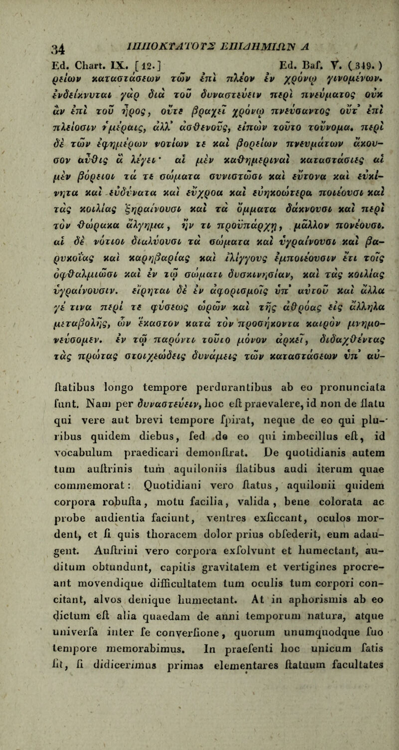 Ed. Chart. IX. [ 12-] _ ^ Ed. Baf. V. (349. ) ρείων καταστάσεων των ini πλέον iv χρόνιο γινομένων, ενδείκνυται γάρ διά του δυναστεύειν περί πνεύματος ούκ αν ini του ήρος, ούτε βραχεί χρόνια πνεύσαντος ούτ ini ηλδίοσιν ύμεραις, άλλ* άσϋενούς, είηών τούτο τοννομα« περί di των εφήμερων νοτίων τε καί βορείων πνευμάτων άκου- οον cιύ&ις ά λίγη * ai μεν κα&ημεριναί καταστάσιες αι μεν βόρειοι τά τε σώματα σννιστώσι και εύτονα και ευκί- νητα καί εύδννατα και εύχροα καί εύηκοώτερα ποιεουσι καί τάς κοιλίας 'ξηραίνουσι καί τά δμματα δάκνονσι καί περί τον θώρακα άλγημα , ην τι προϋπάρχω, μάλλον πονεουσι, ai δε νότιοι δίαλνουσι τά σώματα καί ύγραίνονσι καί βα- ρνκοΐας και καρηβαρίας και Ιλίγγους εμποιεουσιν ετι τοΐς όφ&αλμιώσι καί εν τω σώμαιι δυσκινησίαν, και τάς κοιλίας υγραίνουσιν. ε'ίρηται δε εν άφορισμοΊς ύπ αν του καί άλλα γε τινα περί τε φύσεως ωρών καί της ά&ρόας εις άλληλα μεταβολής, ών έκαστον κατά τον προσήκοντα καιρόν μνημο- νεύσομεν, εν τω παροντι τουιο μόνον αρκεί, διδαχϋεντας τάς πρώτας στοιχεώδεις δυνάμεις των καταστάσεων ύπ αυ- ilatibus longo tempore perdurantibus ab eo pronunciata funt. Naui per δυναστεόειν, lioc eft praevalere, id non de ilatu qui vere aut brevi tempore fpirat, neque de eo qui plu-* ribus quidem diebus, fed de eo qui imbecillus eil, id vocabulum praedicari demonflrat. De quotidianis autem tum auitrinis tum aquiloniis flatibus audi iterum quae commemorat: Quotidiani vero flatus, aquilonii quidem corpora robufta, motu facilia, valida, bene colorata ac probe audientia faciunt, ventres exficcant, oculos mor- dent, et ii quis thoracem dolor prius obfederit, eum adau- gent. Auftrini vero corpora exfolvunt et liumectant, au- ditum obtundunt, capitis gravitatem et vertigines procre- ant movendique difficultatem tum oculis tum corpori con- citant, alvos denique liumectant. At in aphorismis ab eo (fictum eil alia quaedam de anni temporum natura, atque uni ver fa inter fe converfione, quorum unumquodque fuo tempore memorabimus. In praefenti lioc upicum fatis iit, ii didicerimus primas elementares ftatuum facultates
