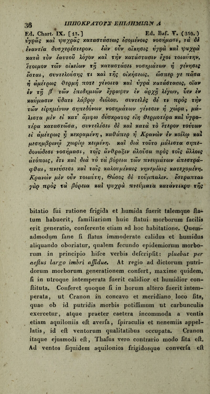 ΙΠΠΟΚΡΑΤΟΤ2 EniJHMISIN Λ Ed. Chart/lX. [ 13.] f % f Ed. Baf. V. (350.) νγράς χαί ψύχρας χαταστάσεως εσομενοις νοσημασι, τά δ& εναντία δυσχερεστερον. εάν ουν ο/χησις υγρά χαί ψυχρά χατά τον εαυτόν λόγον χαί την χατάστασιν εχοι τοιαντην, έτοιμον των οικείων τη χαταστάσει νοσημάτων η γενησις εσται, σνντελονσης τι και της οίχησεως. ώσπερ γε πάσα η άμετρως χλερμη ποτέ γενοιτο χαί υγρά χατάότασις, οΐαν εν τη β' των επιδημιών εγραψεν εν άρχη λε'γων, υεν εν χανμασιν νδατι λάβρω διόλου, συντελες δε' τι προς την των είρημενων σηπεδόνων νοσημάτων γενεσιν η χώρα, μά- λιστα μεν εί χατ άμφω δΰσχρατος είη θερμότερα χαί νγρο- τερα χαταστώσα, σνντελεσει δε χαί χατά το ετερον τούτων εί άμετρως ?] χεχραμενη , χα&άπερ τ] Κρανών εν χοίλω χαί μεσημβρινά) χωρίω χειμενη. χαί διά τούτο μάλιστα σηπε- δονώδεσι νοσήμασι, τοΊς άνϋρα'ξιν άλονοα προς τοίς άλλοις άτόποις, ετι χαί διά το τά βόρεια των πνευμάτων άπεστρά- φΰαι, πνενσεσι χαί ταίς καλούμεναις νηνεμίαις χατε/ομενη. Κρανών μεν ονν τοιαντη, Θάσος δε τονμπαλιν. εστραπται γάρ προς τά βόρεια χαί ψυχρά πνεύματα χατάντιχρυ της bitatio fui ratione frigida et liumida fuerit talemque fta^ tum habuerit, familiarium huic itatui morborum facilis erit generatio, conferente etiam ad hoc habitatione. Quem- admodum fane ii ilatus immoderate calidus et humidus aliquando oboriatur, qualem fecundo epidemiorum morbo- rum in principio liifce verbis defcripQt: pluebat per aefius largo imbri ajfidue· At regio ad dictorum putri- dorum morborum generationem confert, maxime quidem, ii in utroque intemperata fuerit calidior et liumidior con- ftiluta. Conferet quoque ii in horum altero fuerit intem- perata, ut Cranon in concavo et meridiano loco fita, quae ob id putridis morbis potiftimum ut carbunculis exercetur, atque praeter caetera incommoda a ventis etiam aquiloniis eft; averfa, fpiraculis et nenemiis appel- latis, id eft; ventorum qualitatibus occupata. Cranon itaque ejusmodi eil, Tliafus vero contrario modo iita eft. Ad ventos iiquidem aquilonios frigidosque converfa eft