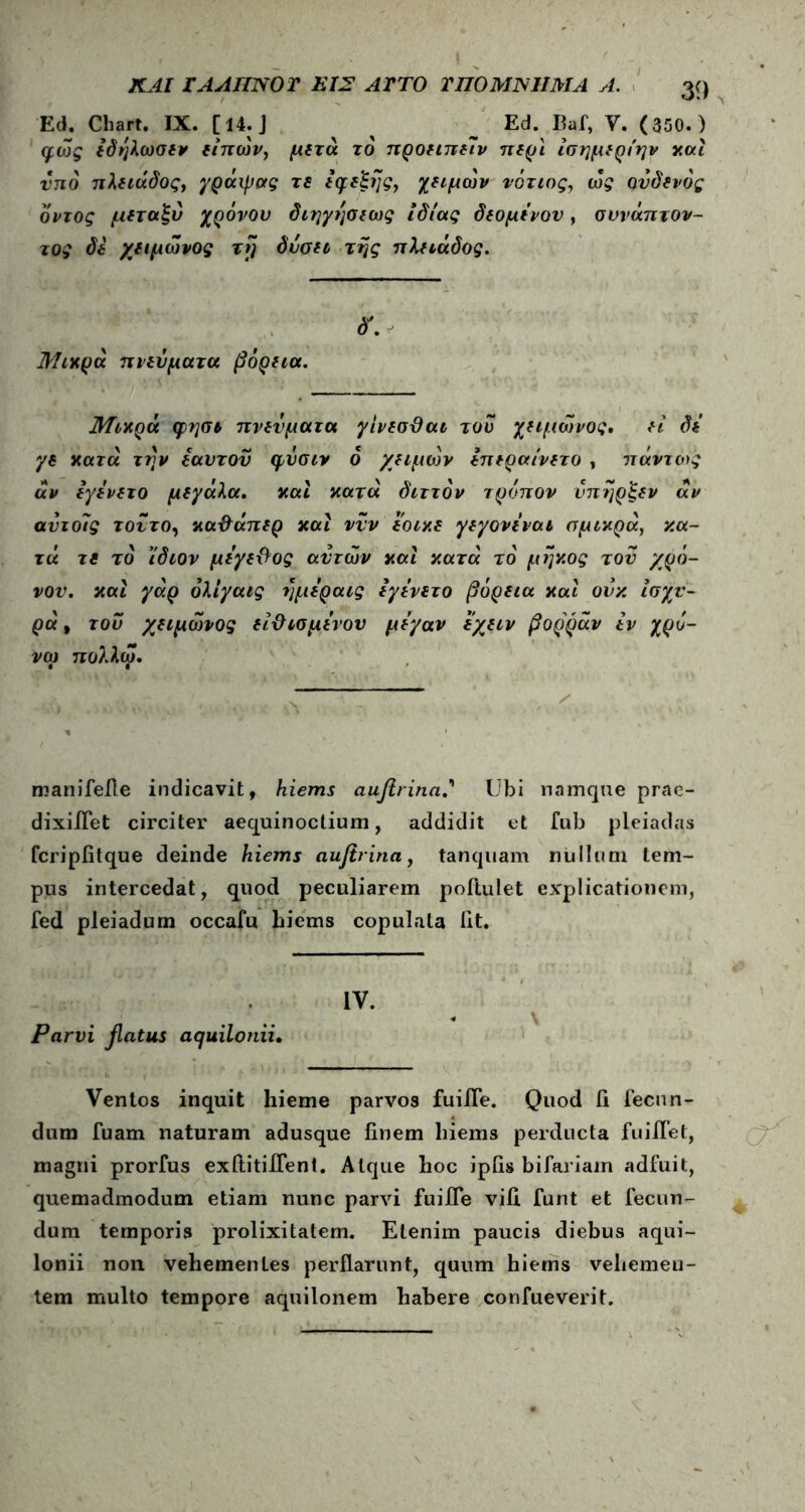 Ed. Chart. IX. [14.J ^ _ Ed. Baf, V. (350.) φως εδηλωσεν είπων, μετά τό προειπείν περί ίσημερίην καί νη6 πλειαδος, γράιρας τε εφεξής, χειμων νότιος, ως ούδενός δντος μεταξύ χρόνου διηγησεως ίδιας δεομενον, συνάπτον- τος δε χειμωνος τjj δύσει της πλειάδος. δ\ Μικρά πνεύματα βόρεια. Μικρά φησι πνεύματα γινεσϋαι τού χειμωνος. εί δε γε κατά την εαυτόν φνσιν ό χειμων επεραινετο , πάντως άν εγενετο μεγάλα, και κατά διττόν τρόπον νπηρξεν άν αύτοΊς τούτο, κα&άπερ και ννν εοικε γεγονεναι αμικρά, κα- τά τε το ίδιον μεγεΰος αυτών και κατά τό μήκος τον χρό- νου. καί γάρ όλίγαις ημεραις εγενετο βόρεια καί ονχ ισχυ- ρά , τού χειμωνος εί&ισμενον μεγαν εχειν βορράν εν χρό- νω πολλω. manifefie indicavit, hiems auftrina.'' Ubi namque prae- dixiflet circiter aequinoctium, addidit et fub pleiadas fcripfitque deinde hiems auftrina, tanquam nullum tem- pus intercedat, quod peculiarem poftulet explicationem, fed pleiadum occafu biems copulata iit. IV. Parvi flatus aquilonii. Ventos inquit hieme parvos fuilTe. Quod ii fecun- dum fuam naturam adusque finem liiems perducta fuiiTet, magni prorfus exftitiflent. Atque hoc ipfis bifariam adfuit, quemadmodum etiam nunc parvi fuifle vili funt et fecun- dum temporis prolixitatem. Etenim paucis diebus aqui- lonii non vehemenLes perflarunt, quum hiems vehemen- tem multo tempore aquilonem habere confueverit.