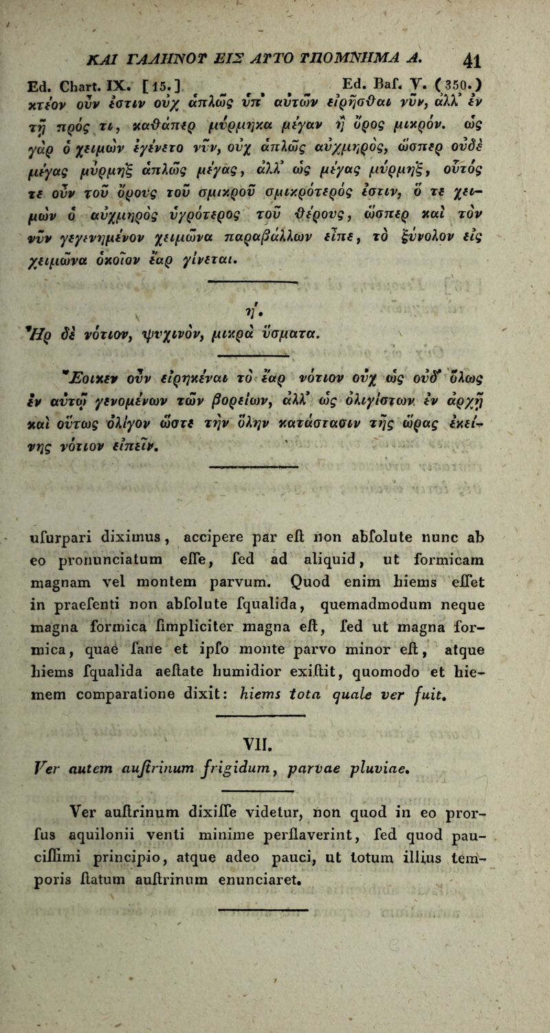 Ed. Chart. IX. [15.] _ r , # Ed. Baf< Τ. (350.) χτέον ονν εστιν ονχ απλώς νπ αυτών είρησβαι νυν, ά)Χ εν τη πρός το, χαΰάπερ μυρμηχα μέγαν η ορος μικρόν, ώς γάρ 6 χαμών εγένετο ννν, ονχ απλώς αυχμηρός, ώσπερ ουδέ μέγας μυρμηξ απλώς μέγας, ά)Χ ώς μέγας μνρμηξ, ουτός τε ουν του δρονς του σμικροΰ σμιχρότερός Ιστιν, δ τε χει- μών ό αυχμηρός υγρότερος του βέρους, ώσπερ και τον ννν γεγενημενον χειμώνα παραβαλλων είπε, τό ξννολον εις χειμώνα όχοΊον εαρ γίνεται. 9 ν 71· *Ηρ δε νότιον, ψνχινόν, μικρά νσματα. *Εοιχεν ονν είρηχέναι τό εαρ νότιον ονχ ώς ονδέ ολως εν αντω γενομένων τών βορείων, αλλ* ώς όλιγίστων εν άρ/rj και όντως ολίγον ώστε την ολην χατάστασιν της ώρας εκεί* νης νότιον ειπειν. ufurpari diximus, accipere par efl ίιοη abfolute nunc ab eo pronunciatum eiTe, fed ad aliquid, ut formicam magnam vel montem parvum. Quod enim hiems eiTet in praefenti non abfolute fqualida, quemadmodum neque magna formica flmpliciter magna eft, fed ut magna for- mica , quae fane et ipfo monte parvo minor eil, atque hiems fqualida aeftate humidior exi.ftit, quomodo et hie- mem comparatione dixit: hiems tota quale ver fuit* VII. Ver autem aufirinum frigidum, parvae pluviae. Ver auftrinum dixiife videtur, non quod in eo pror- fus aquilonii venii minime peiilaverint, fed quod pau- ciilimi principio, atque adeo pauci, ut totum illius tem- poris flatum auftrinum enunciaret.
