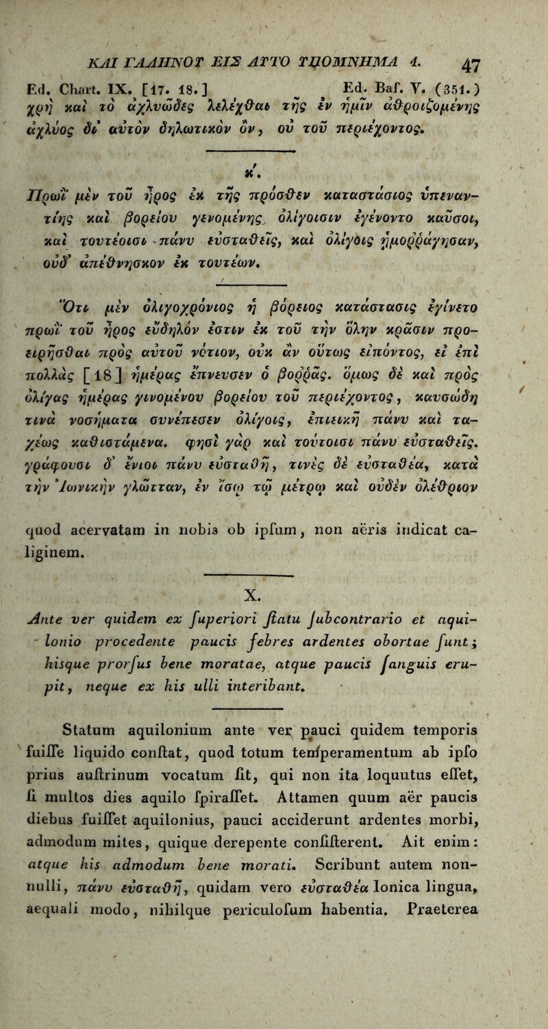 Ed. Chart. IX. [17._ 18. ] ^ Ed_. Baf. Υ. (351.) χρη και τό ά/λυώδες λελέχϋαι της εν ημίν άϋροιζομένης άχλύος δι αυτόν δηλωτικόν ον, ον του περιέχοντος. / κ. Πρωΐ μέν του ηρος εκ της πρόσϋεν καταστάσιος υπεναν- τίης ναι βορείου γενομένηςJ όλίγοισιν εγένοντο καυσοι, και τοντέοισι πάνυ ευσταθείς, nui όλίγοις ήμορράγησαν, ουδ* άπέϋνησκον εκ τουτέων♦ Οτι μεν όλιγοχρόνιος η βόρειος κατάστασις εγίνετο πρωί του ηρος ευδηλόν εστιν εκ του την όλην κράσιν προ- ειρησΰαΐ προς αυτόν νότιον, ουκ αν ούτως εϊπόντος, εί επί πολλάς [18] ημέρας επνευσεν 6 βορράς, όμως δε και προς όλίγας ημέρας γινομένου βορείου του περιέχοντας, καυσώδη τινά νοσήματα σννέπεσεν όλίγοις f επιεική πάνυ και τα- χέως καθιστάμενα. φησί γάρ και τοντοισι πάνυ ευσταϋεις. γράφουαι δ’ ενιοι πάνυ ευσταθή, τινες δε ευσταϋέα, κατά την *'Ιωνικήν γλωτταν} εν έσω τω μέτρω και ονδεν όλέϋριον quod acervatam in nobie ob ipfum, non aeris indicat ca- liginem. X. Ante ver quidem ex fuperiori flatu Jubcontrario et aqui- lonio procedente paucis febres ardentes obortae funt; hisque prorfus bene moratae, atque paucis janguis eru- pit , neque ex his ulli interibant. Statum aquilonium ante vei; pauci quidem temporis fuilTe liquido conflat, quod totum tenfperamentum ab ipfo prius auflrinum vocatum iit, qui non ita loquutus eiTet, ii multos dies aquilo fpirailet. Attamen quum aer paucis diebus fuiiTet aquilonius, pauci acciderunt ardentes morbi, admodum mites, quique derepente coniiflerenl. Ait enim : atque his admodum bene moratu Scribunt autem non- nulli, πάνυ ενσταϋή, quidam vero ευσταϋέα Ionica lingua, aequali modo, nibilque periculofum habentia. Praeterea