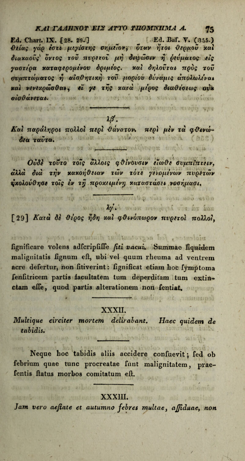 Ed. Chart. IX. [28. 29.] _ ^ Ed. JBaf. V. (355.) {λείας γάρ εστι μεγίστης σημε7ον9 όταν ήτοι ϋερμου και διακαούς' οντος του πυρίτου μη δνψώσιν η ρεύματος εις γαστέρα χαταφερομένου όριμέος. χαι δηλονται προς του συμπτώματος η αίσ&ητιχη τον μορίου δΰναμις άπολωλέναι χαι νενεχρώσ&α*, *ϊ γε της κατά μέρος διαϋέσεως adk αισθάνεται. Και παράληροι πολλοί περί ΰάνατον* περί μεν τα φ&ινώ· δεα ταντα. ν Μ ■ Ουδέ τούτο το7ς αλλοις η&Ινΰυσιν ε7ω&ε ύυμπΐπτειν, «λλα διά την χαχοη&ειαν των τότε γενομένων πυρετών ^κολοϋ&ησε το7ς εν τφ προκειμένη χαταστάσει νοσημασι, V* ' * ■' w ·· [29] Κατά δε θέρος ηδη και φθινόπωρον πυρετοί πολλοί, fignificare volens adfcripQIFe fiti vacui. Summae fiquidem malignitatis lignum ed, ubi vel quum rheuma ad ventrem acre defertur, non fitiverint: fignificat etiam lioc fymptoma fenfitricem partis facultatem tum deperditam tum extin- ctam elTe, quod partis alterationem non fentiat. XXXII. Multique circiter mortem delirabant. Haec quidem de tabidis. Neque hoc tabidis aliis accidere confuevit; fed ob febrium quae tunc procreatae funt malignitatem, prae- fentis datus morbos comitatum ed. XXX11I. Jam vero aejiate et autumno febres multae, ajffiduae, non