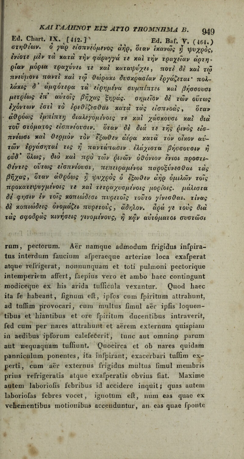 Ed. Chart. IX. [412.]\' > Ed. Baf. Y. (464.) OTtj&tctiv. ο γαρ εισπνεομενος αηρ, όταν ΐκανώς rj ψυχρός, ενίοτε μεν τα κατα την φαρυγγά τε και την τραχεΐαν αρτη- ρίαν μόρια τραχύνει τε καί καταψύχει, ποτέ δε καί τω πνευμόνι παντι και τω Όώρακι δυσκρασίαν εργάζεται· πολ- λακις δ άμφοτερα τα είρημενα συμπίπτει καί βησσουσι μετρίως επ αυτοίς βηχας ξηράς. σημείον δε των όντως εχοντων ιστι το ερε&ΐζεσ&άι κατά τάς είσπνοάς, όταν α&ροως εμπιπτη διαλεγομενοις τε καί χάσκουσι καί διά τον στόματός εισπνεονσιν. όταν δε διά τε της ρινός είσ- πνεωσι και ϋερμόν τον εξω&εν άερα κατά τον οίκον αυ- τών εργασηται τις η παντάπασιν ελάχιστα βήσσονσιν η ουδ ολως, διο καί προ των ρινών όϋόνιον ενιοι προσττ- ΰεντες όντως εισπνεονσι, πεπειραμένοι παρο'ξννεσ&αι τάς βηχας, όταν ά&ρόως ή ψυχρός ό εξωΟεν άηρ ομίλων τοίς προκατεψνγμενοις τε καί τετραχυσμενοις μορίοις. μάλιστα δε φησιν εν τοις κοπιωδεσι πυρετοίς τοΰτο γίνεσ&αι, τίνας δε κοπιώδεις ονομάζει πυρετούς, άδηλον. αρά γε τους διά τάς σφοδρας κινήσεις γινομένους, η καν αυτόματοι συστώσι rum, pectorum. Aer namque admodum frigidus infpira- tus interdum faucium afperaeque arteriae loca exafperat atque refrigerat, nonnunquam et toti pulmoni pectorique intemperiem affert, faepius vero et ambo baec contingunt modiceque ex his arida tuilicula vexantur. Quod haec ita fe habeant, lignum eil, ipfos cum fpiritum attrahunt, ad tuflim provocari, cum multus iimul aer ipiis loquen- tibus et hiantibus et ore fpiritum ducentibus intraverit, fed cum per nares attrahunt et aerem externum quispiam in aedibus ipforum calefe6erit, tunc aut omnino parum aut nequaquam tuiliunt. Quocirca et ob nares quidam panniculum ponentes, ita infpirant, exacerbari tuflim ex- perti, cum aer externus frigidus multus iimul membris prius refrigeratis atque exafperatis obvius fiat. Maxime autem laborioiis febribus id accidere inquit; quas autem laboriofas febres vocet, ignotum efl, niim eas quae ex vehementibus motionibus accenduntur, an eas quae fponte
