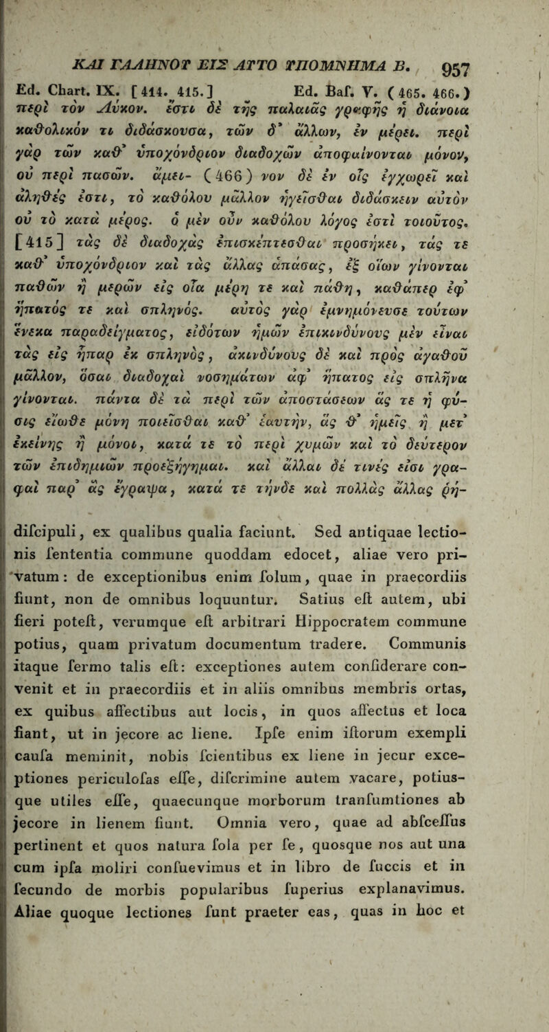Ed. Chart. IX. [414. 415.] ^ Ed. Baf. V. ( 465. 466.) περί τον Λύκον, εστι δε της παλαιάς γραφής ή διάνοια καθολικόν τι διδάσκουσα, των δ* άλλων, εν μδ’ρδί. περί γαρ των κα&* υποχόνδριον διάδοχων άποφαίνονται μόνον, οΰ περί πασών. άμει- (466) νον δε εν οΐς εγχωρεϊ και αλη&ες εστι, το κα&όλου μάλλον ήγελσΰαι διδάσκειν αυτόν ; οΰ το κατά μέρος. 6 μεν οΰν καθόλου λόγος εστι τοιούτος. ! [415] τάς δε διαδοχάς επισκεπτεσϋαι προσήκει, τάς τε καϋ' υποχόνδριον και τα$ άλλας άπάσας, ε'ξ οϊων γίνονται παϋών ή μερών εις οΐα μέρη τε και πά&η, καΰάπερ εφ* ' ήπατός τε και σπλ?]νός. αυτός γάρ εμνημόιενσε τούτων Ιενεκα παραδείγματος, είδότων ημών επικινδύνους μεν είναι τάς εις ήπαρ εκ σπληνδς, ακίνδυνους δε και προς άγα&οΰ μάλλον, όσαι διαδοχαϊ νοσημίάτων άφ ήπατος εις σπλήνα γίνονται, παντα δε τά περί των αποστάσεων ας τε ή φΰ- σις ειω&ε μόνη ποιεΊσ&αι κα\? εαυτήν, άς & ημείς ή μετ εκείνης ή μόνοι, κατά τε το περί χυμών καί τό δεύτερον των επιδημιών προεξηγημαι. καί άλλαι δέ τινες είσι γρα- I φαί παρ' άς έγραφα, κατά τε τήνδε καί πολλάς άλλας ρή- difcipuli, ex qualibus qualia faciunt. Sed antiquae lectio- i nis lententia commune quoddam edocet, aliae vero pri- vatum : de exceptionibus enim folum, quae in praecordiis fiunt, non de omnibus loquuntur. Satius eit autem, ubi i fieri poteit, verumque eit arbitrari Hippocratem commune i potius, quam privatum documentum tradere. Communis itaque fermo talis eft: exceptiones autem coniiderare con- venit et in praecordiis et in aliis omnibus membris ortas, ex quibus affectibus aut locis, in quos affectus et loca fiant, ut in jecore ac liene. Ipfe enim iftorum exempli caufa meminit, nobis fcientibus ex liene in jecur exce- ptiones periculofas elfe, difcrimine autem vacare, potius- que utiles elfe, quaecunque morborum tranfumtiones ab jecore in lienem fiunt. Omnia vero, quae ad abfcelfus ’ pertinent et quos natura fola per fe, quosque nos aut una cum ipfa moliri confuevimus et in libro de fuccis et in fecundo de morbis popularibus fuperius explanavimus. Aliae quoque lectiones funt praeter eas, quas in hoc et