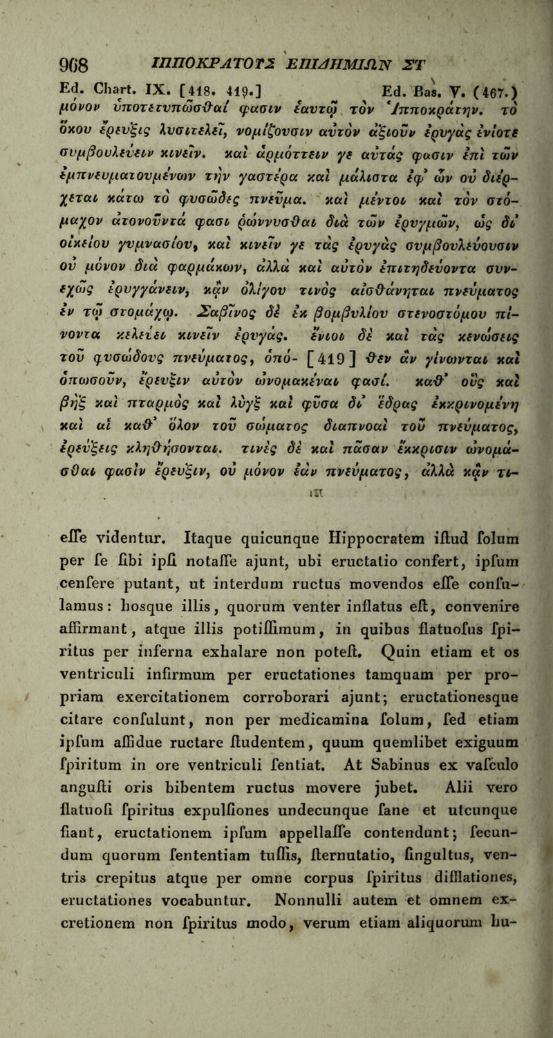 908 ιπποκρλτοτς επιδημίαν στ Ed. Chart. IX. [418. 41?.] f ^ Ed. Bas. V. (467.) μονον υποτετνπώσϋ'αί φασιν εαντω τον *Ιπποχράτην. το οκού ερευ'ξις λυσιτελδί, νομίζουσιν αυτόν αξιοΰν ερνγάς ενίοτε συμβουλενειν κινειν. καί αρμοττειν γε αυτάς φασιν επί των εμπνδυματ ου μενών την γαστέρα και μάλιστα εφ* ών ον διερ- χδται κάτω το φυσώδες πνεύμα. και μίντοι και τον στό- μαχον άτονονντά φασι ρώνννσϋαι διά των ερνγμών, ως δι οικείου γυμνασίου, και κινείν γε τάς Ιρυγάς συ μ βουλεΰουσιν ον μονον δια φαρμάκων, αλλά καί αυτόν Ιηιτηδδΰοντα συν- δχως ερνγγανειν, καν ολίγου τίνος αισ&άνηται πνεύματος iv τω στομάχω. Σαβινος δέ ix βομβνλίον στδνοστόμου πί- νοντα κελετει κινδίν Ιρυγας. ενιοι δε καί τάς κενώσεις του φυσωδονς πνεύματος, όηό- [419] &tv αν γίνωνται καί όπωσοΰν, ερευξιν αυτόν οόνομακεναι φασί. κα& οί/ς και βηξ και πταρμός καί καί φυσά δι έδρας εκκρινομενη καί αί κα&’ ολον τον σώματος διαπνοαί του πνεύματος, ερευξεις κλη&ήαονται. τινες δε καί πάσαν εκκρισιν ώνομά- σϋαι φασιν ερευ'ξιν, ου μόνον εάν πνεύματος, αλλά καν τι- »ΪΤ eiTe videntur. Itaque quicunque Hippocratem illud folum per fe libi ipfi notaiTe ajunt, ubi eructatio confert, ipfum cenfere putant, ut interdum ructus movendos eiTe confu- lamus: liosque illis, quorum venter inflatus eA, convenire affirmant, atque illis potiflimum, in quibus flatuofus fpi- ritus per inferna exhalare non poteft. Quin etiam et os ventriculi infirmum per eructationes tamquam per pro- priam exercitationem corroborari ajunt; eructationesque citare confulunt, non per medicamina folum, fed etiam ipfum affidue ructare Audentem, quum quemlibet exiguum fpiritum in ore ventriculi fentiat. At Sabinus ex vafculo anguAi oris bibentem ructus movere jubet. Alii vero flatuofi fpiritus expulflones undecunque fane et utcunque fiant, eructationem ipfum appellafle contendunt; fecun- dum quorum fententiam tuflis, Aernutatio, fingultus, ven- tris crepitus atque per omne corpus fpiritus difllationes, eructationes vocabuntur. Nonnulli autem et omnem ex- cretionem non fpiritus modo, verum etiam aliquorum hu-