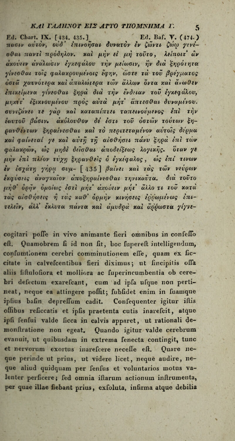 Ed. Chart. IX. [434. 435.]_ ^ Ed. Baf. Υ. (474.) πασιν αυτόν, ουδ* δηινοησαι δυνατόν Ιν ζώντι ζώω γινέ- σϋαι ηαντί πρόδηλον, καί μην δί μη τούτο, λδίηοιτ αν άκοΰιιν άνάλωσιν ιγκδφάλου την μδ!ωσιν} ην διά 'ξηρότητα γΐνισΟαι τοϊς φαλακρουμένοις δφην, ώστδ τά του βρέγματος όσια χαυνότδρα ναι άπαλώιδρα των άλλων όντα καί άνωΟδν δπικδίμδνα γίνδσ&αι ξηρά διά την δνδηαν του έγκδφάλου, μηκέτ έξικνουμένου προς αυτά μητ άπτδσ&αι δυναμένου. συνιζάνδι τδ γάρ και καταπίπτδΐ ταπδίνουμδνος ini την δαυτου βάσιν· άκόλου&ον δέ έστι του οστών τούτων ξη- ραν&έντων ξηραινδσ&αι ναι το πδριτδταμένον αύτοΓις δέρμα και φαίνδταί γδ καί αυτή τη αίσ&ήσιι πάνυ ξηρά ini των φαλακρών, ώς μηδδ δ(7σχλαι άποδδίξδως λογικής, όταν γδ μην ini πλέον τύχη ξηραν&δις 6 έγκέφαλος , ώς ini τινων iv έσχάτη γήρα συμ- [ 435] βαΐνδι και τάς των νιΰρων έκδυσης άναγκα7ον άπΌξηραΐνδσ&αι τηνικαΰτα. διά τούτο μή&’ όράν ομοίως έστί μήτ άκονδιν μητ άλλο τι του κατα τάς αίσϋέ]σδΐς η τάς xa&’ ορμήν κινήσδίς έρρωμένως έπι- τδλδΐν, άλλ* δκλντα πάντα καί άμυδρά καί άρρωστα γίγνδ- cogitari poiTe in vivo animante fieri omnibus in confefTo eft. Quamobrem ii id non fit, boc fupereft intelligendum, confumtionem cerebri comminutionem elTe, quam ex iic- citate in calvefcentibus fieri diximus·, ut fincipitis ofla aliis fiftulofiora et molliora ac fuperincumbenlia ob cere- bri defectum exarefcant, cum ad ipfa ufque non perti- neat, neque ea attingere poilit*, fubQdet enim in fuamque ipiius baiin depreifum cadit. Confequenter igitur iftis oilibus reiiccatis et ipfis praetenta cutis inarefcit, atque ipfi fenfui valde ficca in calvis apparet, ut rationali de- monflratione non egeat. Quando igitur valde cerebrum evanuit, ut quibusdam in extrema fenecta contingit, tunc et nervorum exortus inarefcere neceile efl. Quare ne- que perinde ut prius, ut videre licet, neque audire, ne- que aliud quidquam per fenfus et voluntarios motus va- lenter perficere; fed omnia illarum actionum initrumenta, per quae illae fiebant prius, exfoluta, infirma atque debilia