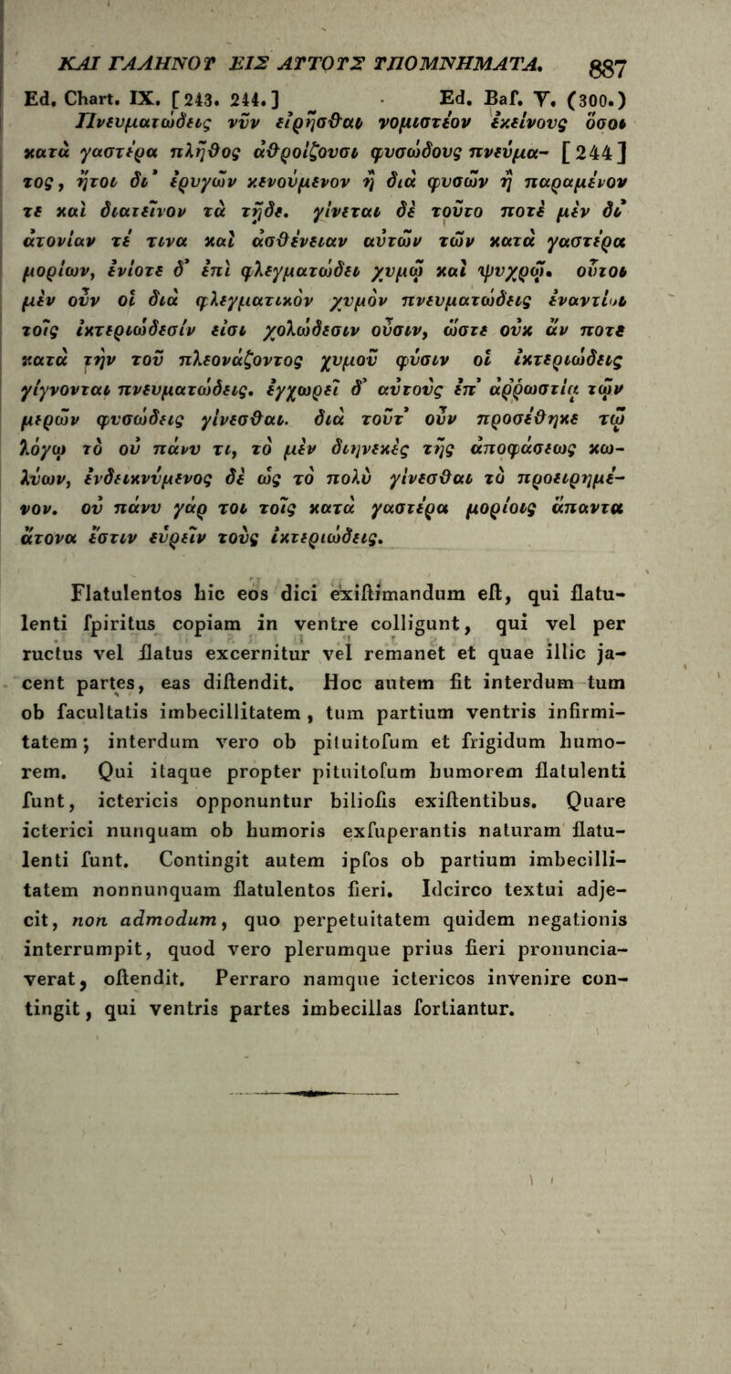 ΚΑΙ ΓΑΛΗΝΟΤ ΕΙΣ ΑΤΤΟΤΣ ΤΠΟΜΝΗΜΑΤΑ. £§7 Ed. Chart. IX. [243. 244.] _ Ed. Baf. Y, (300.) Πνευματώδης νυν είρησ&αι νομιστεον εκείνους οσοι κατά γαστέρα πλήθος ά&ροίζουσι φυσώδονς πνεύμα- [244J τος, ήτοι δι * ερυγών κενού μενον η διά φυσών η τταραμενον τε και διατεινον τά τηδε. γίνεται δε τούτο ποτέ μεν δι ατονίαν τε τινα καί ασθένειαν αυτών των κατά γαστέρα μορίων, ενίοτε δ* επι φλεγματώδει χυμώ και ψυχρω· ούτοι μεν ουν οι διά φλεγματικόν χυμόν πνευματώδεις ενάντιοί τοίς ίκτεριώδεσίν είσι χολώδεσιν ουσιν, ώστε ούκ άν ποτέ κατά την του πλεονάζοντος χυμόν φύσιν οι ίκτεριώδεις γίγνονται πνευματώδεις, εγχωρει δ' αυτους επ αρρώστια των μερών φνσώδεις γίνεσθαι. διά του τ ουν προσεθηκε τω λόγω το ου πάνν τι, τό μεν διηνεκές της άποφάσεως κω- λύων, ενδεικνύμενος δε ώς τό πολύ γίνεσθαι τό προειρημε- νον. ου πάνυ γάρ τοι τοίς κατά γαστέρα μορίοις άπαντα άτονα εστιν ευρειν τους ίκτεριώδεις. Flatulentos hic eos dici exiitimandum eft, qui flatu- lenti fpiritus copiam in ventre colligunt, qui vel per ructus vel flatus excernitur vel remanet et quae illic ja- cent partes, eas diftendit. Hoc autem iit interdum tum ob facultatis imbecillitatem , tum partium ventris infirmi- tatem ·, interdum vero ob pituitofum et frigidum humo- rem. Qui itaque propter pituitofum humorem flatulenti funt, ictericis opponuntur biliofis exiftentibus. Quare icterici nunquam ob humoris exfuperantis naturam flatu- lenti funt. Contingit autem ipfos ob partium imbecilli- tatem nonnunquam flatulentos fieri. Idcirco textui adje- cit, non admodum, quo perpetuitatem quidem negationis interrumpit, quod vero plerumque prius fieri pronuncia- verat, oitendit. Perraro namque ictericos invenire con- tingit , qui ventris partes imbecillas forliantur.