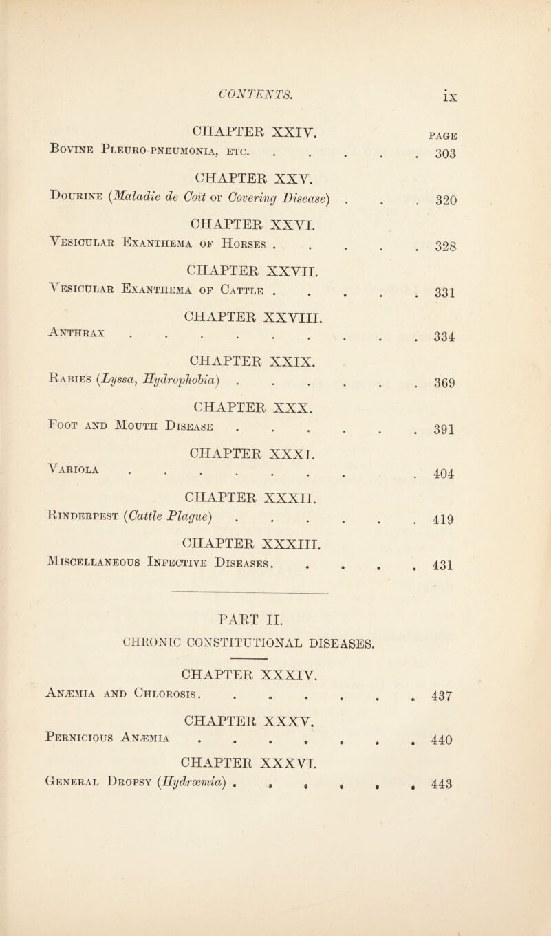 CHAPTER XXIV. page Bovine Pleuro-pneumonia, etc. ..... 303 CHAPTER XXY. Dourine (Maladie de Co'it or Covering Disease) . , . 320 CHAPTER XXVI. Vesicular Exanthema of Horses ..... 328 CHAPTER XXVII. Vesicular Exanthema of Cattle . . . . .331 CHAPTER XXVIII. An™rax.334 CHAPTER XXIX. Rabies (Lyssa, Hydrophobia) ...... 369 CHAPTER XXX. Root and Mouth Disease . . . , . .391 CHAPTER XXXI. Variola..404 CHAPTER XXXII. Rinderpest (Cattle Plague) . . . . # .419 CHAPTER XXXIII. Miscellaneous Infective Diseases. . , 9 .431 PART II. CHRONIC CONSTITUTIONAL DISEASES. CHAPTER XXXIV. Anaemia and Chlorosis. . 437 CHAPTER XXXV. Pernicious Anaemia.440 CHAPTER XXXVI. General Dropsy (Hydrsemia) „ 3 0 , e # 443