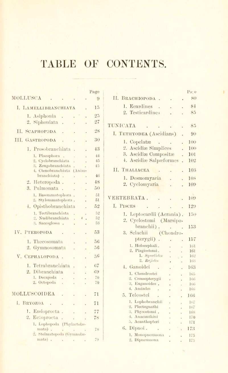 TABLE OF CONTENTS MOLLUSCA . . . . Page 9 I. Lamellibranchiata 15 1. Asiphonia 25 2. Siphoniata . 27 II. SCAPHOPODA . 28 III. Gastropoda 30 1. Prosubvanchiata . 43 1. Placophora . 44 2. Cyclobranchiata . 45 3. Zeugobranchiata . 45 4. Ctenobranchiata (Aniso- brancbiata) . 4Ü 2. lleteropoda . 48 3. Pulmonata . 50 1. Baaoiumatophora . 51 Stylommatophora . 51 4. Opistliobranchiata 52 1. Tectibranchiata 52 i. Xudibranchiata . < . 52 SaccogloBsa . 53 IV. I’teropoda 53 1. Thecosomata 56 2. Gymnosomata 56 V. Cephalopoda . 56 1. Tetrabranchiata . 67 2. Dibranchiata 69 1. Decapoda 70 2. Octopoda 70 M OLLUSCOIDEA . 71 1. Bryozoa .... 71 1. Endoprocta . 77 2. Ecloprocta . 78 1. Lophopoda (Phylaetolre- mata) .... 78 2. Stelmatopoda (Gymnolaj- mata) .... 70 Pn; e II. Brach iopoda . . . 80 1. Ecardines ... 84- 2. Testicardines . . 85 TUNICATA .... 85 I. Tethyodea (Ascidians) . 90 1. Copelate . . . 100 2. Ascidias Siniplices . 100 3. Ascidiai Composite . 101 4. Ascidise Salppeformes . 102 II. Thaliacea . . . 103 1. Desmomyaria . . 108 2. Cyclomyaria . . 109 VERTEBRATA. . . . 109 I. Pisces .... 129 1. Leptocardii (Acrania) . 150 2. Cyclostomi (Marsipo- branchii) . . . 153 3. Selachii (Chondro- pterygii) . . .167 1. Holocephali. . . 101 2. Plagiostomi. . . 1G1 1. Squalides . . 102 2. Raj idea . . 103 4. Gaiioidei . . . 163 1. Choudrostei . . 105 2. Crossopterygii . . 100» 3. Euganoides . . . loo 4. Amiades . . . 160 5. Teleostei . . . 166 1. Lophobranchii . . 107 2. Plectognathi . . 107 3. Physostomi . . . 168 4. Anacanthini . . 170 b. Acanthoptei'i . . 171 (J. Dipnoi. . . . 17;{ 1. Monopneumona . . 175 2. Dipneiunona . . 175