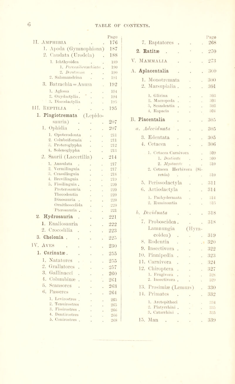 <3 Piige 11. Amphibia 176 1. Apoda (Gymnophiona) 187 2. Caudata (Urodcla) 188 1. Ichthyoidea iso ]. Perennibranrhiato . 100 2. Derotrema 190 2. Salamandrina 191 3. Batraehia = Anura 102 1. Aglossa 191 2. Oxydactylia. * . 194 3. Disoodactylia 105 11. Beptilia 105 1. Plagiotremata (Lepido- sauria) 207 1. Ophidia 207 1. Opotcrodonta 211 2. Coinbriforniia 211 ?>. Proteroglyjdia 212 4. Solenoglypha 213 2. Saurii (Lacertilia) 214 I. Annulata 217 2. Vermilinguia 217 3. Crassilinguia 21S 4. Breviliuguia 219 5. Fissilinguia . 220 Froterosauria 220 Thecodontia 220 Diuosauria . 220 Omithoscelida 220 Pterosauria . 221 2. Hydrosauria 221 1. Enaliosauria 222 2. Crocodilia . 223 3. Chelonia .... 225 V. Aves .... 230 1. Carinatse. 255 1. Natatores 255 2. Grallatores . 257 3. Gallinacci 260 4. Columbinae . 261 5. Scansorcs 263 6. Passer es 264 1. Levirostres . 265 2. Teiniirostres 205 3. Fistsirostres . 260 4. Dentirostres 260 5. Conirostres . 208 I’age 7. Raptatores . . . 268 2. Ratitse . . .270 V. Mammalia . . . 272 A. Aplacentalia . . . 300 1. Monotremata . . 300 2. Marsupialia. . . 301 1. Glirina . . . .>03 2. Macropoda . . . 3. Scandentia . . . 303 4. Rapacia . . . 304 B. Placentalia . . . 305 a. Adeciduata . . . 305 3. Edentata . . . 305 4. Cetacea . . . 306 1. Cetacea Carnivora . 309 1. Denticete . . 009 2. Mystacetf . . :J10 2. Cetacea Herbivora (Si- renia) . . . 1510 5. Perissodactyla . . 311 6. Artiodactyla . .314 1. Pacliydennata . . : ;14 2. Ruminantia . . .115 b. Drcidvata . . .318 7. Proboscidea. . .318 Lam n ungia ( H y ra - coidea) . . .310 8. Rodentia . . . 320 9. Insectivora . . . 322 10. Pinnipedia . . . 323 11. Carnivora . . . 324 12. Chiroptera . . .327 1. Frugivora . . . 32s 2. Insectivora . . . 329 13. Prosimite (Lemurs) . 330 14. Primates . . . 332 1. Arctopitheci :::;| 2. Platyrrhini . . . 335 3. Catanhini . . 335 15. Man .... 330