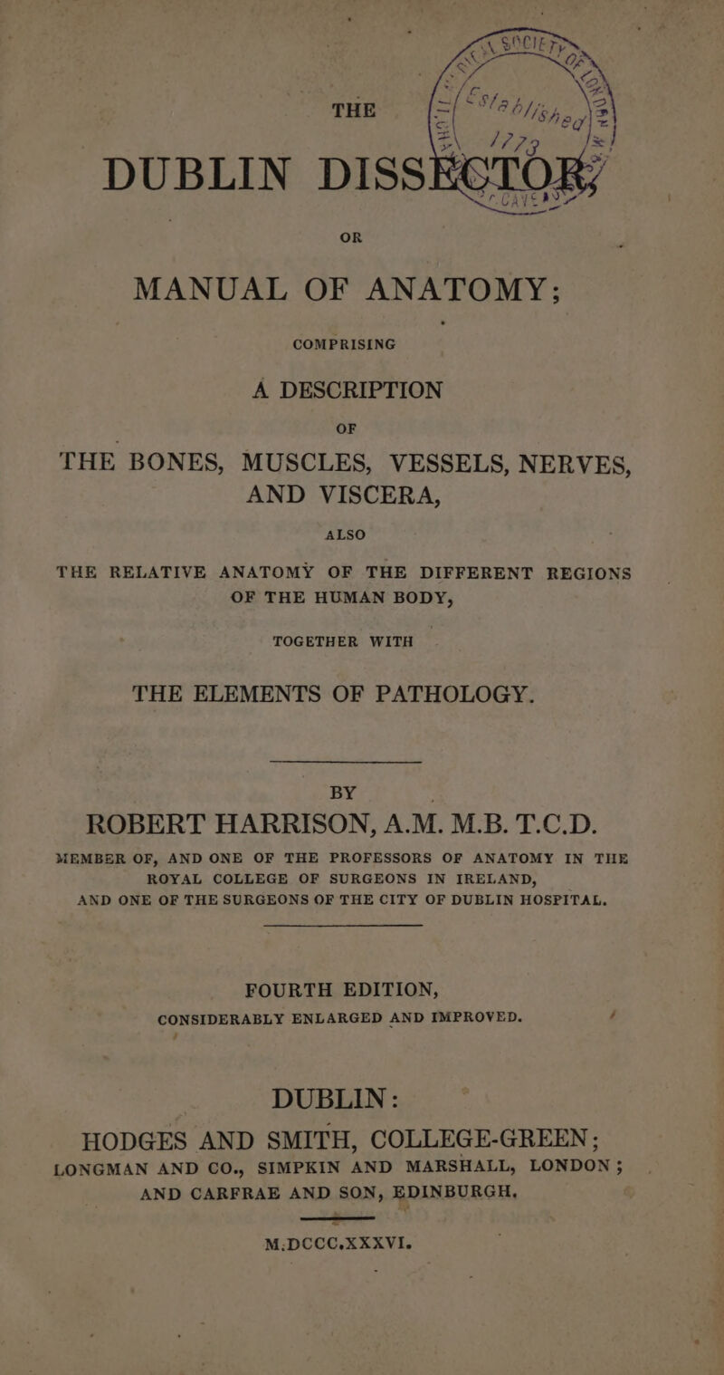 DUBLIN DISS OR MANUAL OF ANATOMY; COMPRISING A DESCRIPTION : OF THE BONES, MUSCLES, VESSELS, NERVES, AND VISCERA, ALSO THE RELATIVE ANATOMY OF THE DIFFERENT REGIONS OF THE HUMAN BODY, TOGETHER WITH THE ELEMENTS OF PATHOLOGY. BY . ROBERT HARRISON, A.M. M.B. T.C.D. MEMBER OF, AND ONE OF THE PROFESSORS OF ANATOMY IN THE ROYAL COLLEGE OF SURGEONS IN IRELAND, AND ONE OF THE SURGEONS OF THE CITY OF DUBLIN HOSPITAL. FOURTH EDITION, CONSIDERABLY ENLARGED AND IMPROVED. / J DUBLIN: HODGES AND SMITH, COLLEGE-GREEN; LONGMAN AND CO., SIMPKIN AND MARSHALL, LONDON ; AND CARFRAE AND SON, EDINBURGH, - = M:;DCCC,XXXVI.