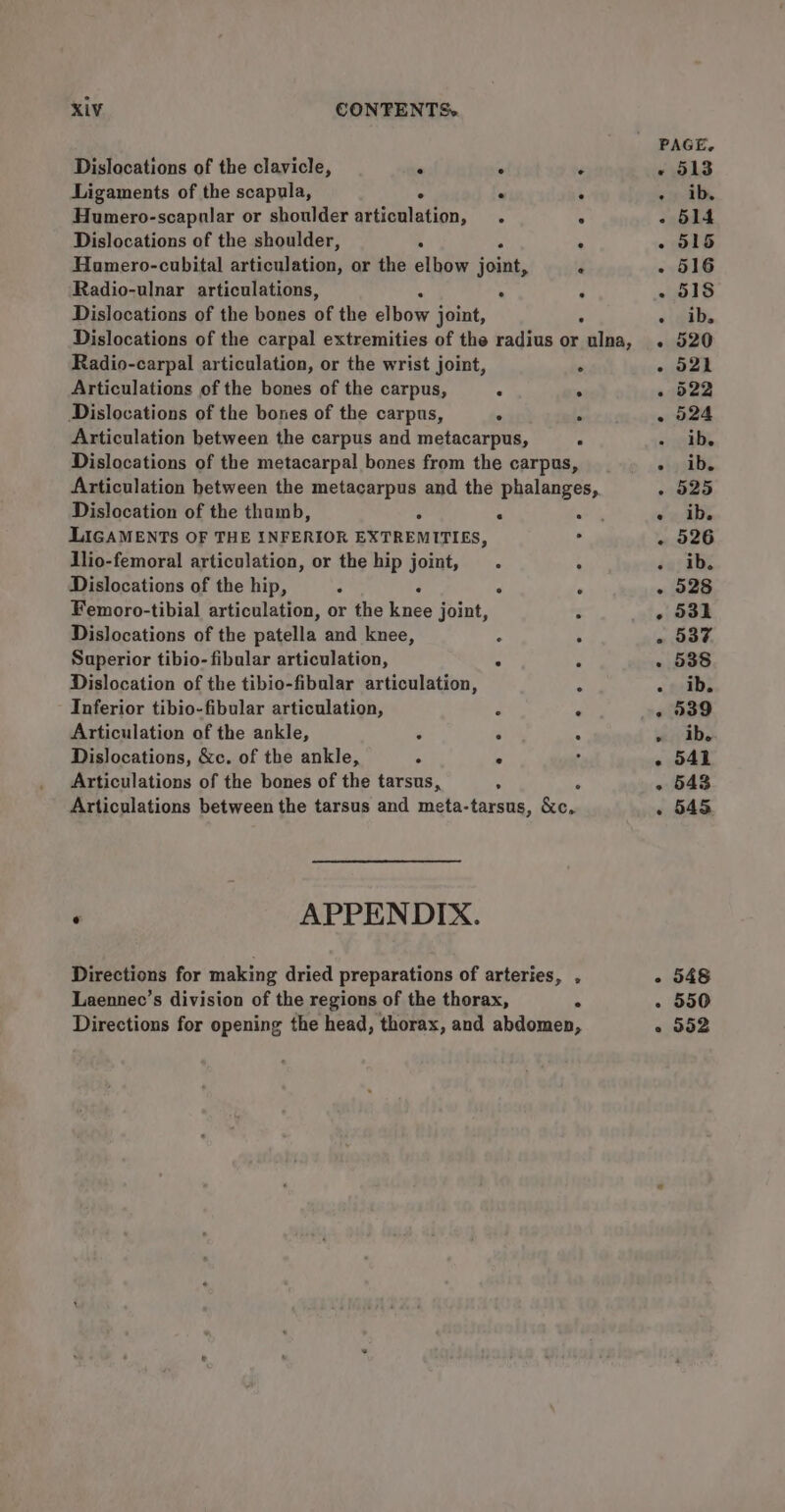 PAGE. Dislocations of the clavicle,  “  ws Ligaments of the scapula, ° . ° - ib. Humero-scapular or shoulder articulation, . : - 614 Dislocations of the shoulder, . : - O15 Hamero-cubital articulation, or the elbow iu e - 516 Radio-ulnar articulations, 4 . ° - 518 Dislocations of the bones of the elbow joint, ps - ibs Dislocations of the carpal extremities of the radius or ulna, . 520 Radio-carpal articulation, or the wrist joint, ‘ - 52k Articulations of the bones of the carpus, . . - 522 Dislocations of the bones of the carpus, . s - 524 Articulation between the carpus and metacarpus, 4 «gah, Dislocations of the metacarpal bones from the carpus, oj iiby Articulation between the metacarpus and the phalanges, - 525 Dislocation of the thamb, ‘ . a nae LIGAMENTS OF THE INFERIOR EXTREMITIES, : - 026 llio-femoral articulation, or the hip joint, . : Pag |: Dislocations of the hip, ‘ . . . - 528 Femoro-tibial articulation, or the knee joint, : - 531 Dislocations of the patella and knee, : . - 537 Superior tibio- fibular articulation, ° . - 538 Dislocation of the tibio-fibular articulation, ; - ib. Inferior tibio-fibular articulation, d - 039 Articulation of the ankle, é : : » ib. Dislocations, &amp;c. of the ankle, ; 4 . . 541 Articulations of the bones of the tarsus, : P « 5643 Articulations between the tarsus and meta-tarsus, &amp;c. . 545 : APPENDIX. Directions for making dried preparations of arteries, , - 548 Laennec’s division of the regions of the thorax, ° - 550 Directions for opening the head, thorax, and abdomen, 2 302