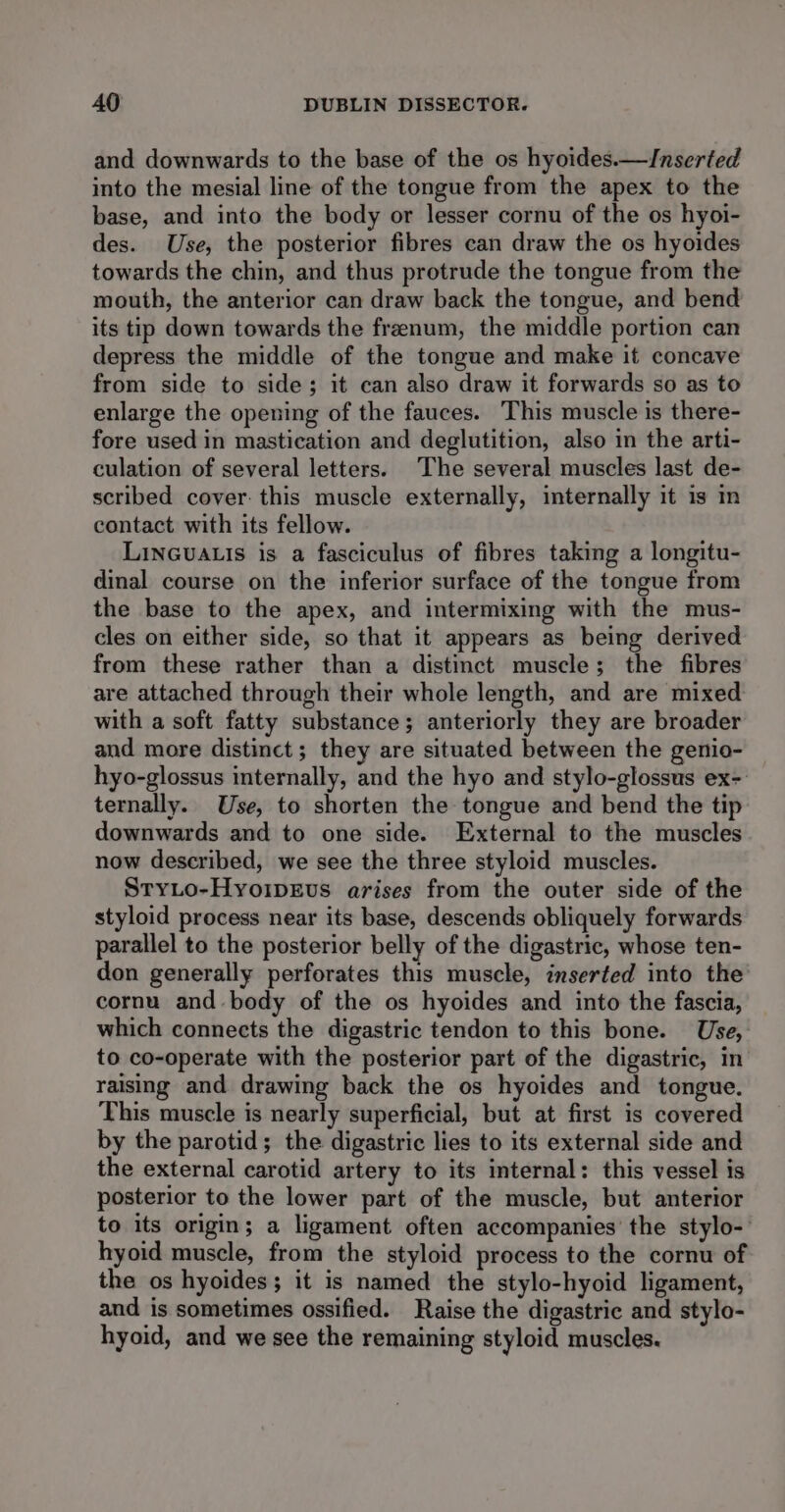 and downwards to the base of the os hyoides.—IJnserted into the mesial line of the tongue from the apex to the base, and into the body or lesser cornu of the os hyoi- des. Use, the posterior fibres can draw the os hyoides towards the chin, and thus protrude the tongue from the mouth, the anterior can draw back the tongue, and bend its tip down towards the franum, the middle portion can depress the middle of the tongue and make it concave from side to side; it can also draw it forwards so as to enlarge the opening of the fauces. This muscle is there- fore used in mastication and deglutition, also in the arti- culation of several letters. The several muscles last de- scribed cover: this muscle externally, internally it is m contact with its fellow. Lineuatis is a fasciculus of fibres taking a longitu- dinal course on the inferior surface of the tongue from the base to the apex, and intermixing with the mus- cles on either side, so that it appears as being derived from these rather than a distinct muscle; the fibres are attached through their whole length, and are mixed with a soft fatty substance; anteriorly they are broader and more distinct; they are situated between the genio- hyo-glossus internally, and the hyo and stylo-glossus ex-: ternally. Use, to shorten the tongue and bend the tip downwards and to one side. External to the muscles now described, we see the three styloid muscles. StyLo-HyoipeEvs arises from the outer side of the styloid process near its base, descends obliquely forwards parallel to the posterior belly of the digastric, whose ten- don generally perforates this muscle, inserted into the cornu and body of the os hyoides and into the fascia, which connects the digastric tendon to this bone. Use, to co-operate with the posterior part of the digastric, in raising and drawing back the os hyoides and tongue. This muscle is nearly superficial, but at first is covered by the parotid; the digastric lies to its external side and the external carotid artery to its internal: this vessel is posterior to the lower part of the muscle, but anterior to its origin; a ligament often accompanies the stylo-' hyoid muscle, from the styloid process to the cornu of the os hyoides; it is named the stylo-hyoid ligament, and is sometimes ossified. Raise the digastric and stylo- hyoid, and we see the remaining styloid muscles.