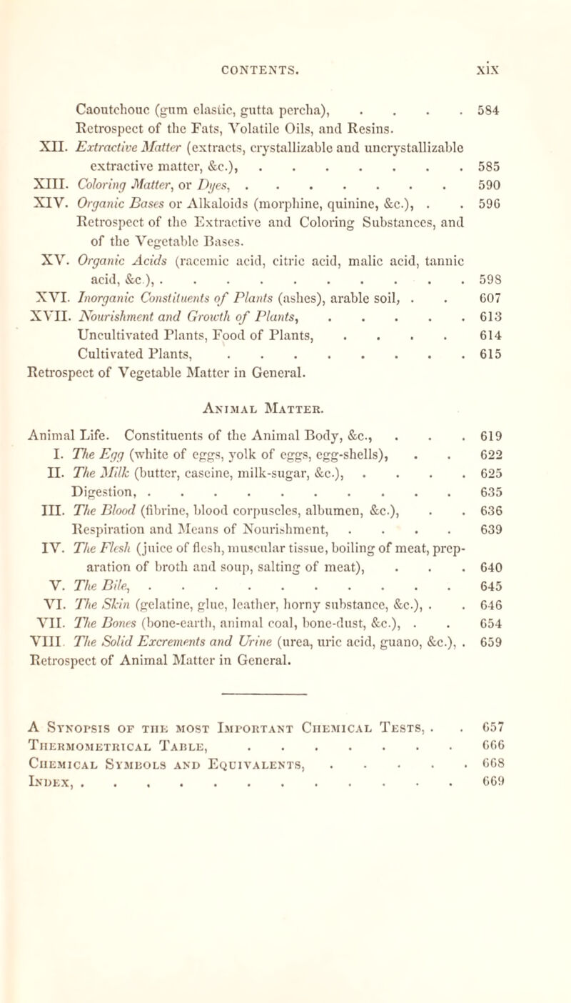Caoutchouc (gum elastic, gutta pcrcha), .... 584 Retrospect of the Fats, Volatile Oils, and Resins. XU. Extractive Matter (extracts, crystallizable and uncrystallizable extractive matter, &c.).585 XHI. Coloring Matter, or Dyes,.590 XIV. Organic Bases or Alkaloids (morphine, quinine, &c.), . . 596 Retrospect of the Extractive and Coloring Substances, and of the Vegetable Bases. XV. Organic Acids (racemic acid, citric acid, malic acid, tannic acid, &c ),.598 XVI. Inorganic Constituents of Plants (ashes), arable soil, . . 607 XVII. Nourishment and Growth of Plants,.613 Uncultivated Plants, Food of Plants, . . . . 614 Cultivated Plants,.615 Retrospect of Vegetable Matter in General. Animal Matter. Animal Life. Constituents of the Animal Body, &c., . . . 619 I. The Egg (white of eggs, yolk of eggs, egg-shells), . . 622 II. The Milk (butter, caseine, milk-sugar, &c.), .... 625 Digestion,.635 III. The Blood (fibrine, blood corpuscles, albumen, &c.), . . 636 Respiration and Means of Nourishment, .... 639 IV. The Flesh (juice of flesh, muscular tissue, boiling of meat, prep¬ aration of broth and soup, salting of meat), . . . 640 V. The Bile, .......... 645 VI. The Skin (gelatine, glue, leather, horny substance, &c.), . . 646 VII. The Bones (bone-earth, animal coal, bone-dust, &c.), . . 654 VIII The Solid Excrements and Urine (urea, uric acid, guano, &c.), . 659 Retrospect of Animal Matter in General. A Stnopsis op tiie most Important Chemical Tests, . . 657 Tiiermometrical Table,.666 Chemical Symbols and Equivalents,.668 Index,............ 669