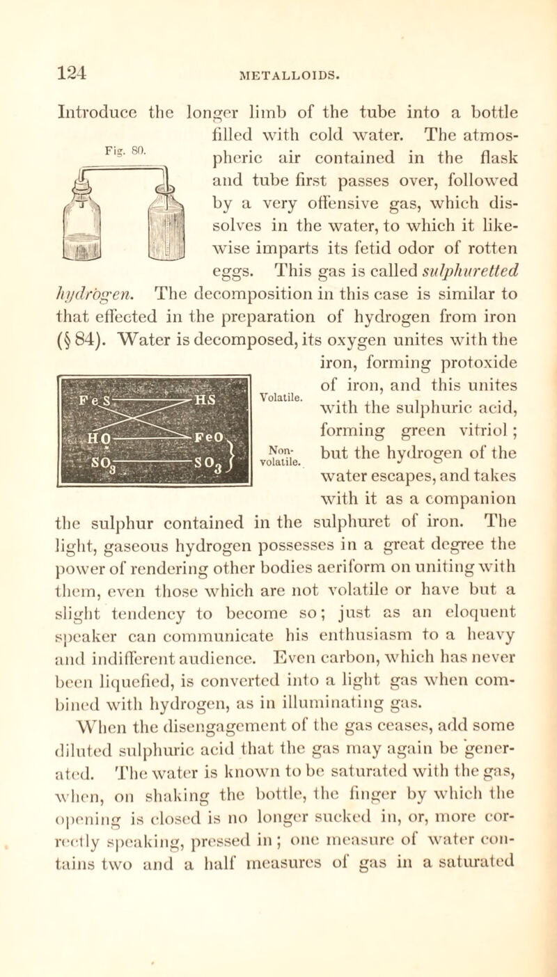 Introduce the longer limb of the tube into a bottle filled with cold water. The atmos¬ pheric air contained in the flask and tube first passes over, followed by a very offensive gas, which dis¬ solves in the water, to which it like¬ wise imparts its fetid odor of rotten eggs. This gas is called sulphuretted hydrogen. The decomposition in this case is similar to that effected in the preparation of hydrogen from iron (§ 84). Water is decomposed, its oxygen unites with the iron, forming protoxide of iron, and this unites with the sulphuric acid, forming green vitriol; but the hydrogen of the water escapes, and takes with it as a companion the sulphur contained in the sulphuret of iron. The light, gaseous hydrogen possesses in a great degree the power of rendering other bodies aeriform on uniting with them, even those which are not volatile or have but a slight tendency to become so; just as an eloquent speaker can communicate his enthusiasm to a heavy and indifferent audience. Even carbon, which has never been liquefied, is converted into a light gas when com¬ bined with hydrogen, as in illuminating gas. When the disengagement of the gas ceases, add some diluted sulphuric acid that the gas may again be gener¬ ated. The water is known to be saturated with the gas, when, on shaking the bottle, the finger by which the opening is closed is no longer sucked in, or, more eor- rectly speaking, pressed in; one measure of water con¬ tains two and a half measures of gas in a saturated