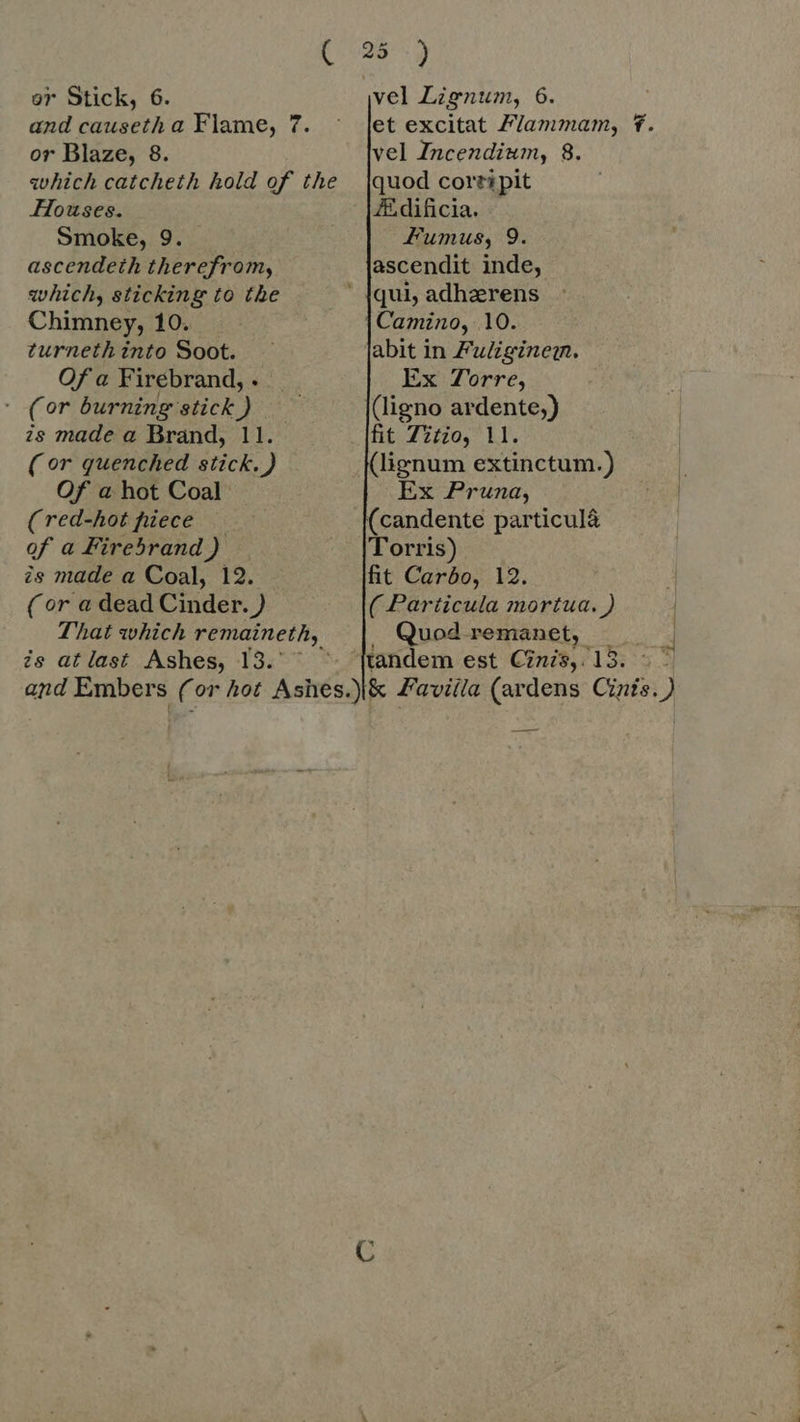 et excitat Flammam, f. vel Incendium, 8. quod cor tipit and causeth a Flame, 7. or Blaze, 8. which catcheth hold of the Houses. Smoke, 9. ascendeth therefrom, which, sticking to the Chimney, 10. turneth into Soot. Of a Firebrand, . (or burning stick ) zs made a Brand, 11. (or quenched stick. ) qui, adherens Camino, 10. abit in Fuliginez.   fit Zifio, 11. (lignum extinctum.) Of a hot Coal Ex Pruna, (red-hot piece (candente particulâ of a Firebrand ) Torris) is made a Coal, 12. fit Carbo, 12. (or a dead Cinder. ) ( Particula mortua. ) That which remaineth, Quod remanet, _ is at last. Ashes, 13. tandem est Cnis,.13. °° and Embers (or hot Ashes.)i&amp; Faviila (ardens Cinis.)