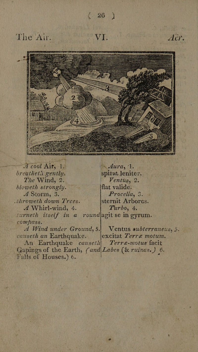  A cool Ait, 1. /« Aura, “1. óreathetà gently. spiret leniter. The Wind, 2. | Fentüs, 2. bloweth strongly. flat valide. A Storm, 3. Procelia, 3. .throweth down Trees. sternit Arbores. A Whirl-wind, 4. Turbo, 4. turneth itself in a roundjagit se in gyrum. compass. A Wind under Ground, 5.| | Ventus subterraneus, 5. causeth an Earthquake. excitat Zerre motum. An Earthquake causeth| Terre-motus facit Gapings of the Earth, (and|.Labes (&amp; ruinas.) 6. Falls of Houses.) 6. _ ^
