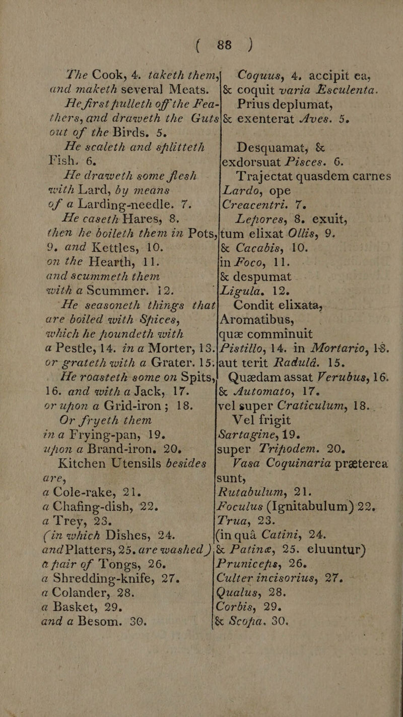 (MOB 1j) The Cook, 4. taketh them, Coguus, 4, accipit ea, and maketh several Meats. |& coquit varia Esculenta. He first hulleth off the Fea-| Prius deplumat, thers,and draweth the Guts|& exenterat Aves. 5. out of the Birds. 5. He me and splitteth Desquamat, & Fish. 6. exdorsuat Pisces. 6. He draweth some flesh Trajectat quasdem carnes with Lard, by means Lardo, ope of a Lar ding-needle. 7 Creacentri. 7. He caseth Hares, 8. Lefores, 8. exuit, then he boileth them in Pots,tum elixat O/Es, 9. 9, and Kettles, 10. & Cacabis, 10. on the Hearth, 11. in Poco, 11. and scummeth them & despumat - with a Scummer. 12. MAgula. 12. He seasoneth things that| Condit elixata, are boiled with Shices, Aromatibus, which he houndeth with qua comminuit a Pestle, 14. in a Morter, 13.|Pistillo, 14. in Mortario, 18. or grateth with a Grater. 15.jaut terit Radulá. 15. He roasteth some on Spits) Quaedam assat Verubus, 16. 16. and with a Jack, 17. & Automato, 17. or upon a Grid-iron; 18. — |vel super Cratzculum, 18. Or fryeth them Vel frigit ina Frying-pan, 19. Sartagine, 19. ufhon a Brand-iron. 20. super Trifodem. 20. Kitchen Utensils besides Vasa Coquinaria preterea Gre, sunt, a Cole-rake, 21. -Rutabulum, 21. a Chafing-dish, 22. Foculus (Ignitabulum) 22, a Trey, 28. Trua, 23. (in which Dishes, 24. (in qua Catini, 24. and Platters, 25, are washed );& Patine, 25. eluuntur) a hair of Tongs, 26. Prunicefis, 26. a Shredding-knife, 27. Culter incisorius, 27. a Colander, 28. Qualus, 28. a Basket, 29. Corbis, 29. and a Besom. 30. & Scofia. 30.