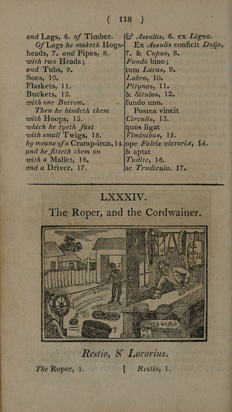  ENE EE DE I I T BA TT OE a s Stm and Lags, 6. of Timber. Of Lags he maketh Hogs- heads, 7. and Pipes, 8. with two Heads; and Tubs, 9, Soes, 10. Buckets, 12. with one Bottom. with Hoops, 13. which he tyeth fast with small Twigs, 15. by means of a Cramp-iron, 14. and he fitteth them on with a Mallet, 16. and a Driver. 17. CP Assulas, 6. ex Ligno. Ex Assulis conficit Dolia, Fundo bino; tum Lacus, 9. Labra, 10. &amp; Sztulas, 12. fundo uno. Circulis, 13. quos ligat Viminibus, 15. ope Zalcis victorie, 14. &amp; aptat Tudite, 16. ac Trudicula. 17.  Let 1   Restio, &amp; Lorarius: Restio, 1.