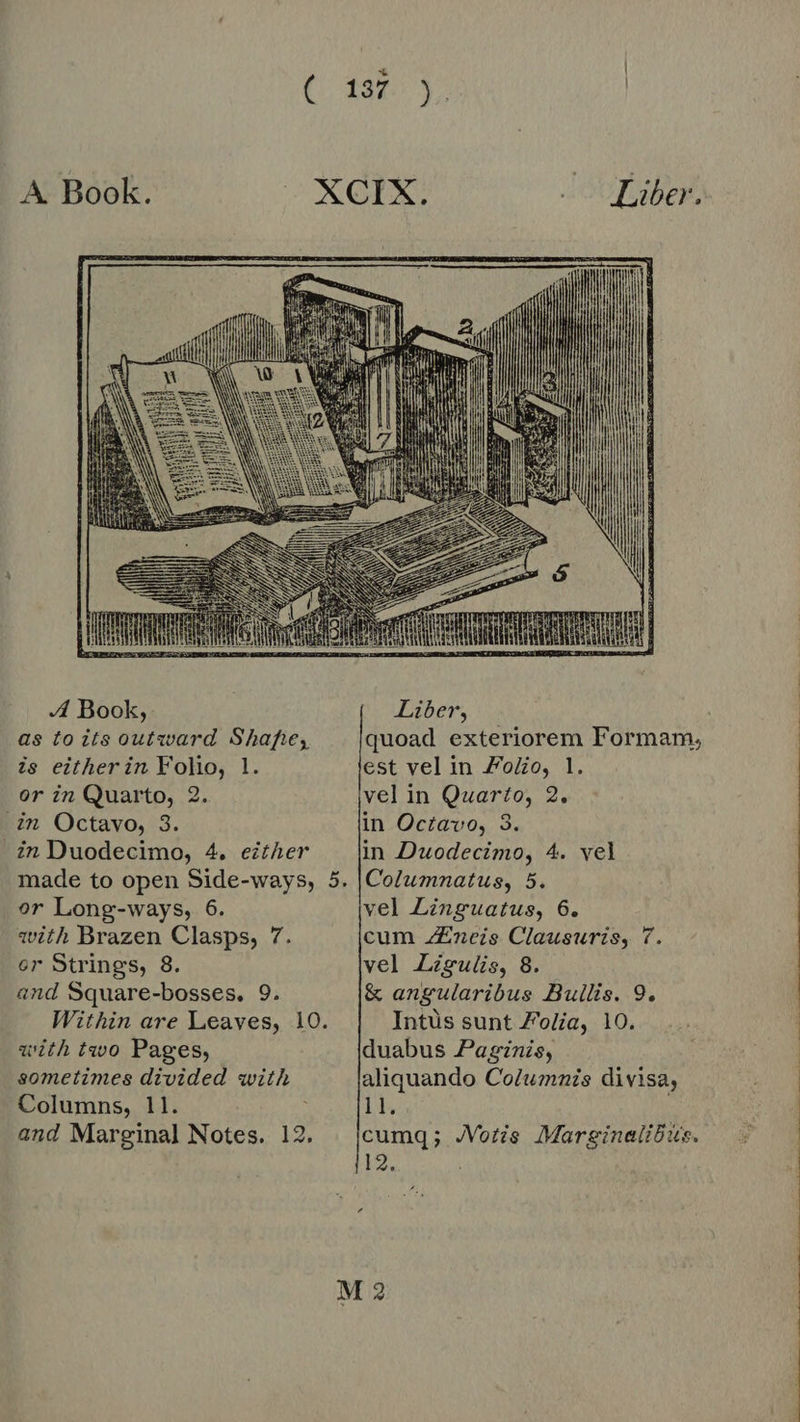 A Book.  A Book, as to its outward Shape, is eitherin Folio, 1 or in Quarto, 2. in Octavo, 3. in Duodecimo, 4. either made to open Side-ways, or Long-ways, 6. with Brazen Clasps, 7 er Strings, 8 and Square-bosses. 9. with two Pages, sometimes divided with Columns, 11. and Marginal Notes. 12    Liber, quoad exteriorem Formam, est vel in Folio, 1. vel in Quarto, 2. in Octavo, 3. in Duodecimo, 4. vel vel Linguatus, 6. cum 4ineis Clausuris, 7. vel Ligulis, 8. &amp; angularibus Bullis. 9. Intùs sunt Folia, 10. duabus Paginis, aliquando Columnis divisa, i}, cumq; JVotis MarginaliBus. 12. 